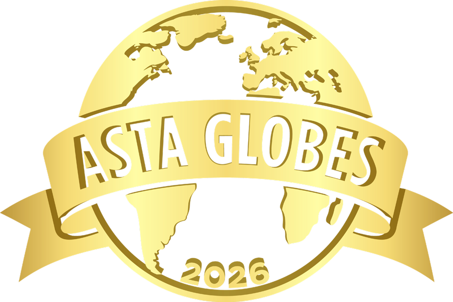 A gold emblem featuring a globe and a ribbon banner with the text "ASTA GLOBES" and the year "2026."