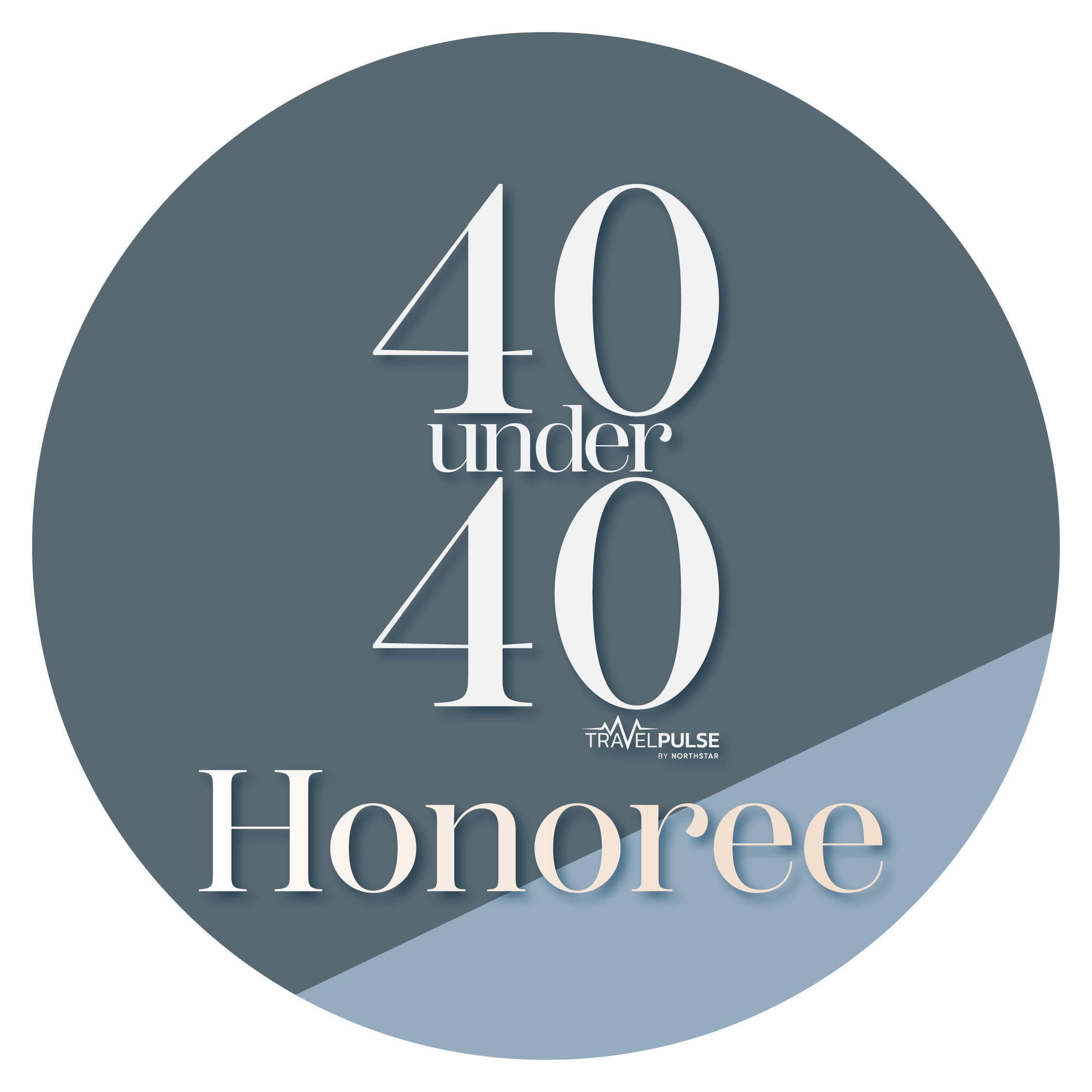Circular graphic with large white text reading '40 under 40' and smaller text 'TravelPulse by NorthStar' underneath.