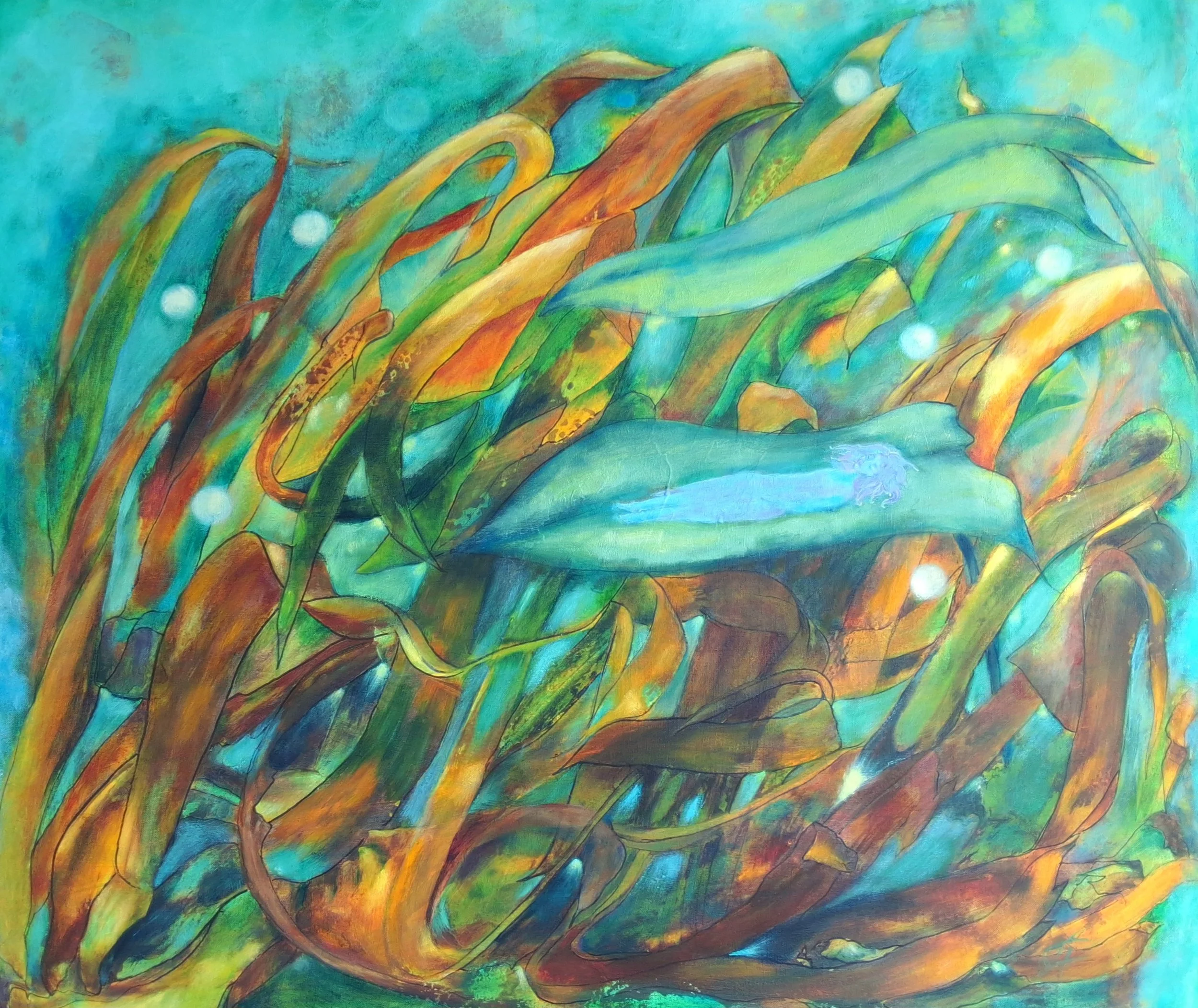 "The Dream" 73 x 61 cm (24 × 29") mixed media, oil on canvas 
300 €
I had a dream where I saw this scene, even though when I painted it it looked like it is an underwater world...