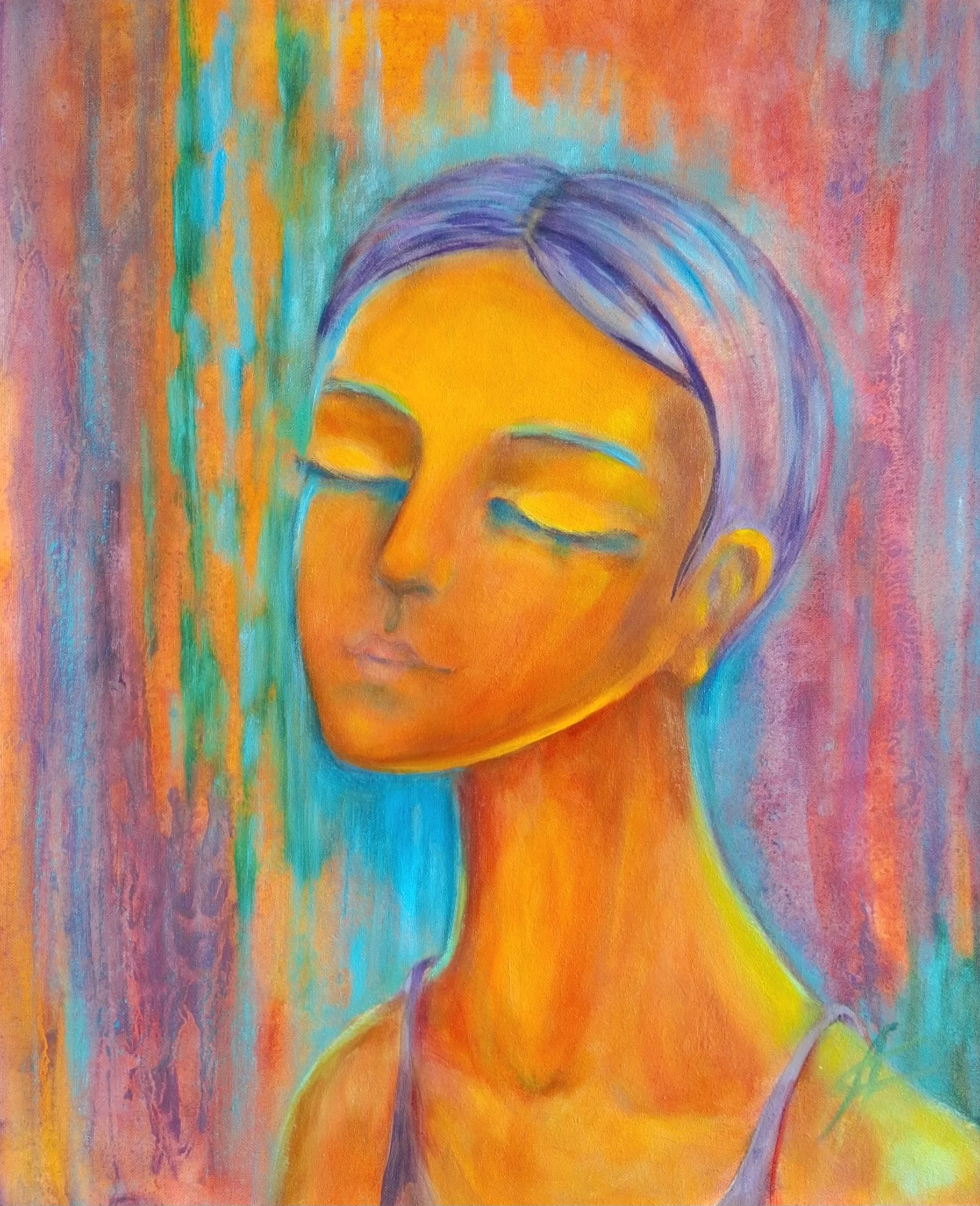 "The Glow"  35 x 42 cm (14×16") mixed media, oil on canvas 150 €