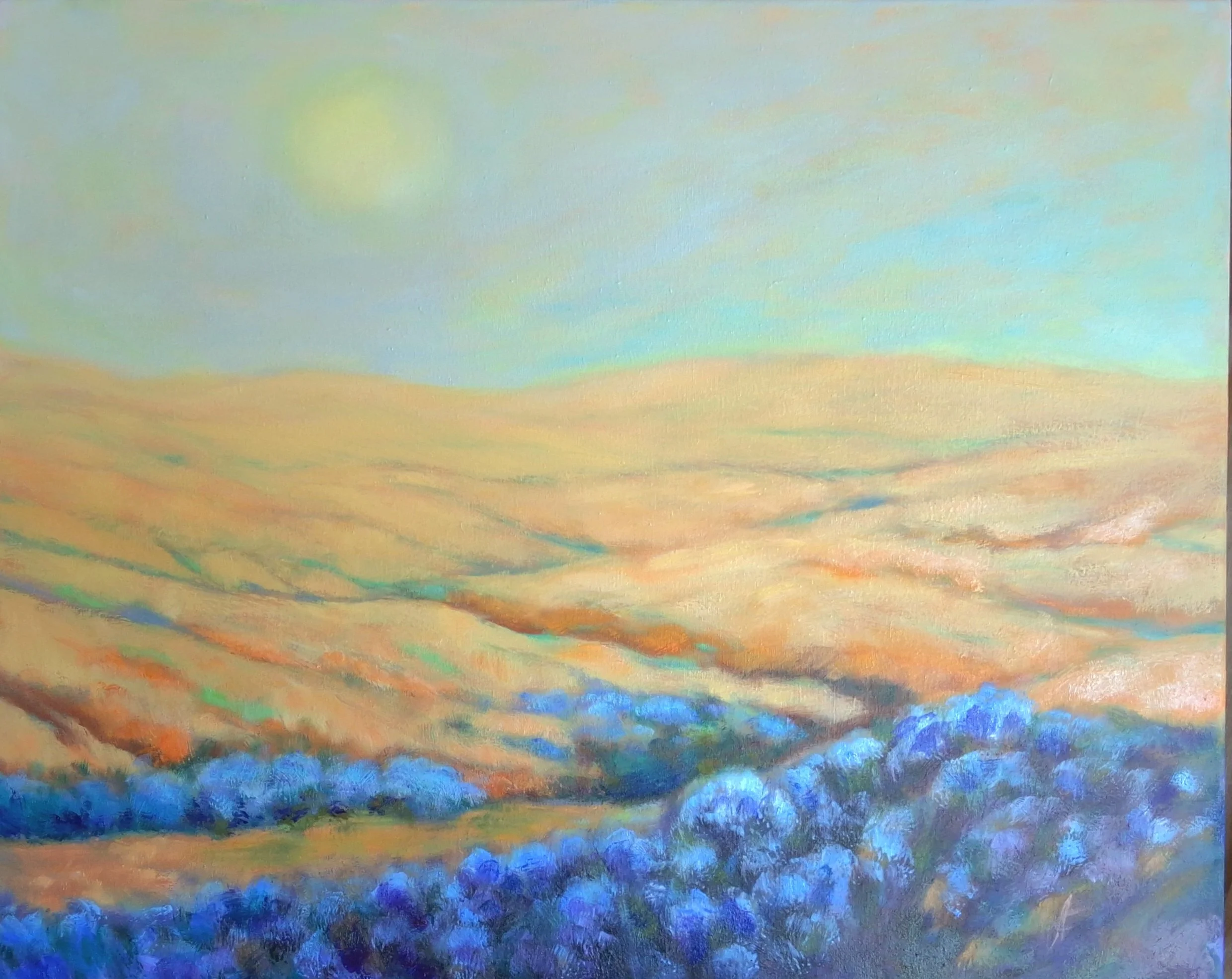 "Land of the sun " 56 x 46 cm (22 × 18"), oil on canvas   400 €
Another dreamy, magical landscape. Allow yourself to be drawn into this mysterious, peaceful world...