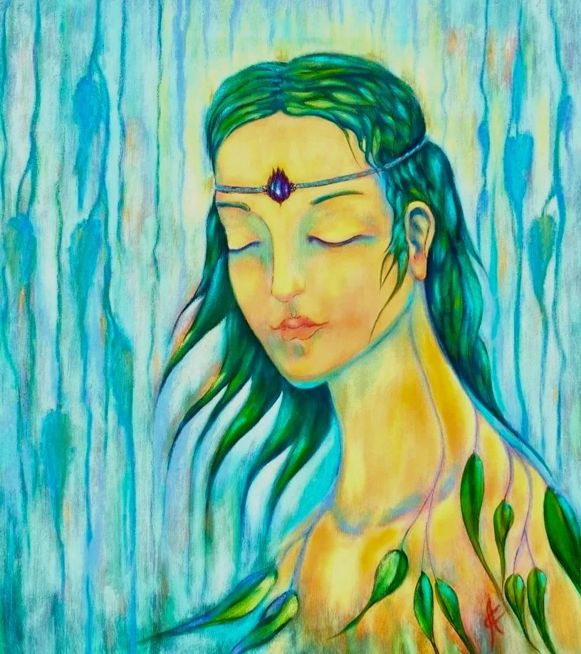 "The Tao"  60x63 cm (24×24") mixed media, oil on canvas 850 CAD
This painting invites you to join on the Path...see how this divine glow transforms her...