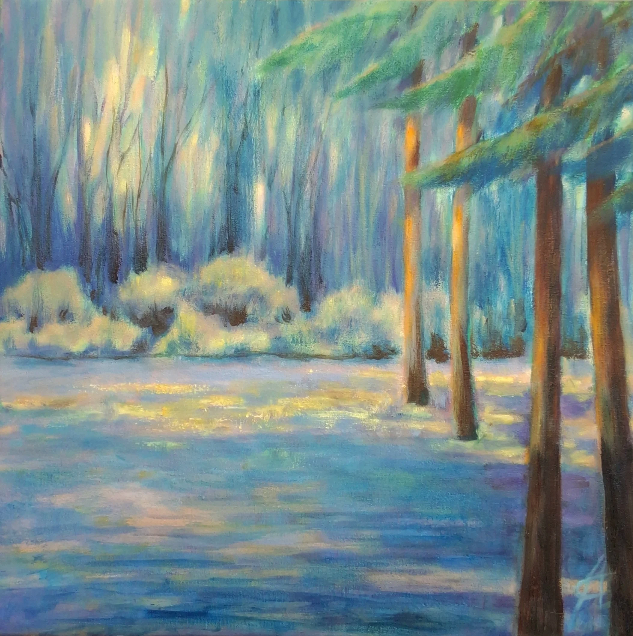 "Shade" 41x41 cm (16×16") oil on canvas 400 CAD
This image invites you to feel, sense the coolness of the gentle shade cast by these pines, the warmth of the grass caressed by the sun, the scent of pine needles...