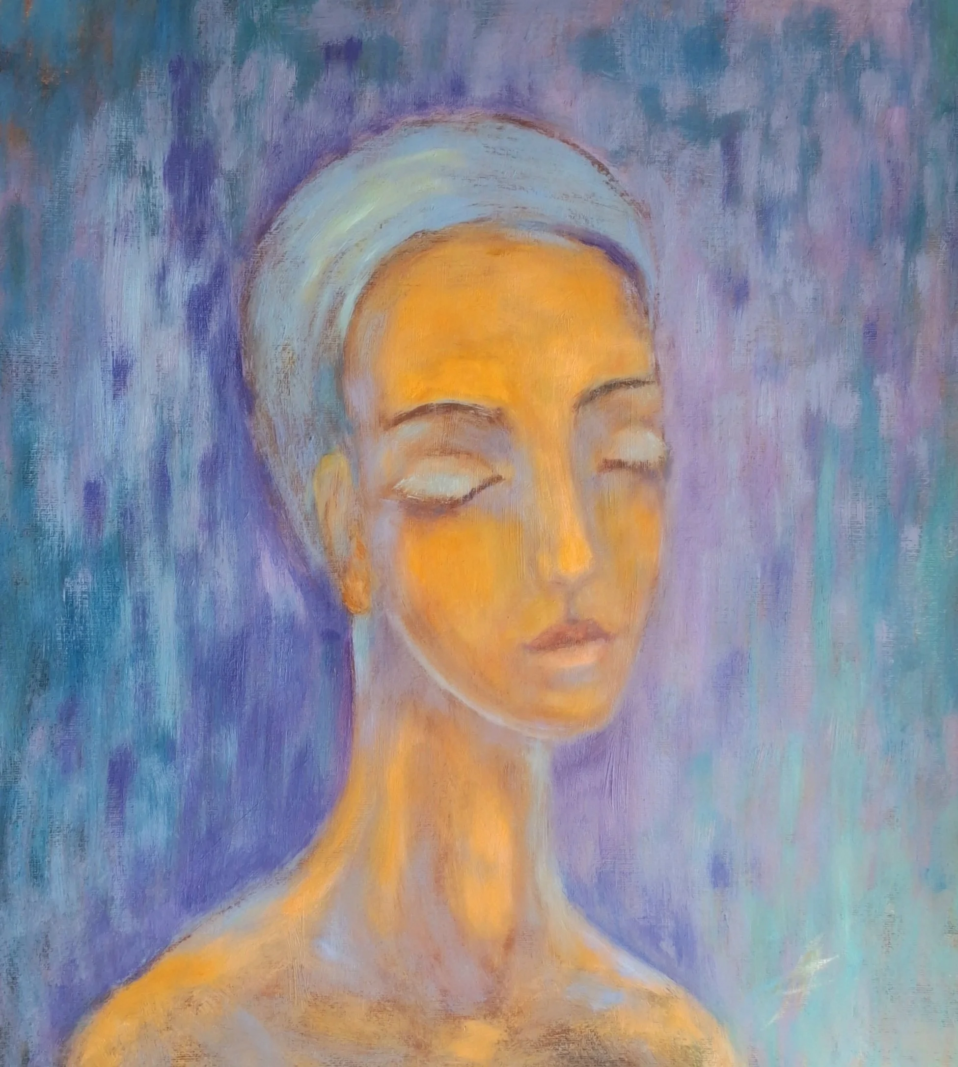 "A portrait in blue and purple" 47 x 49 cm (18×19") mixed media, oil on paper  150 €