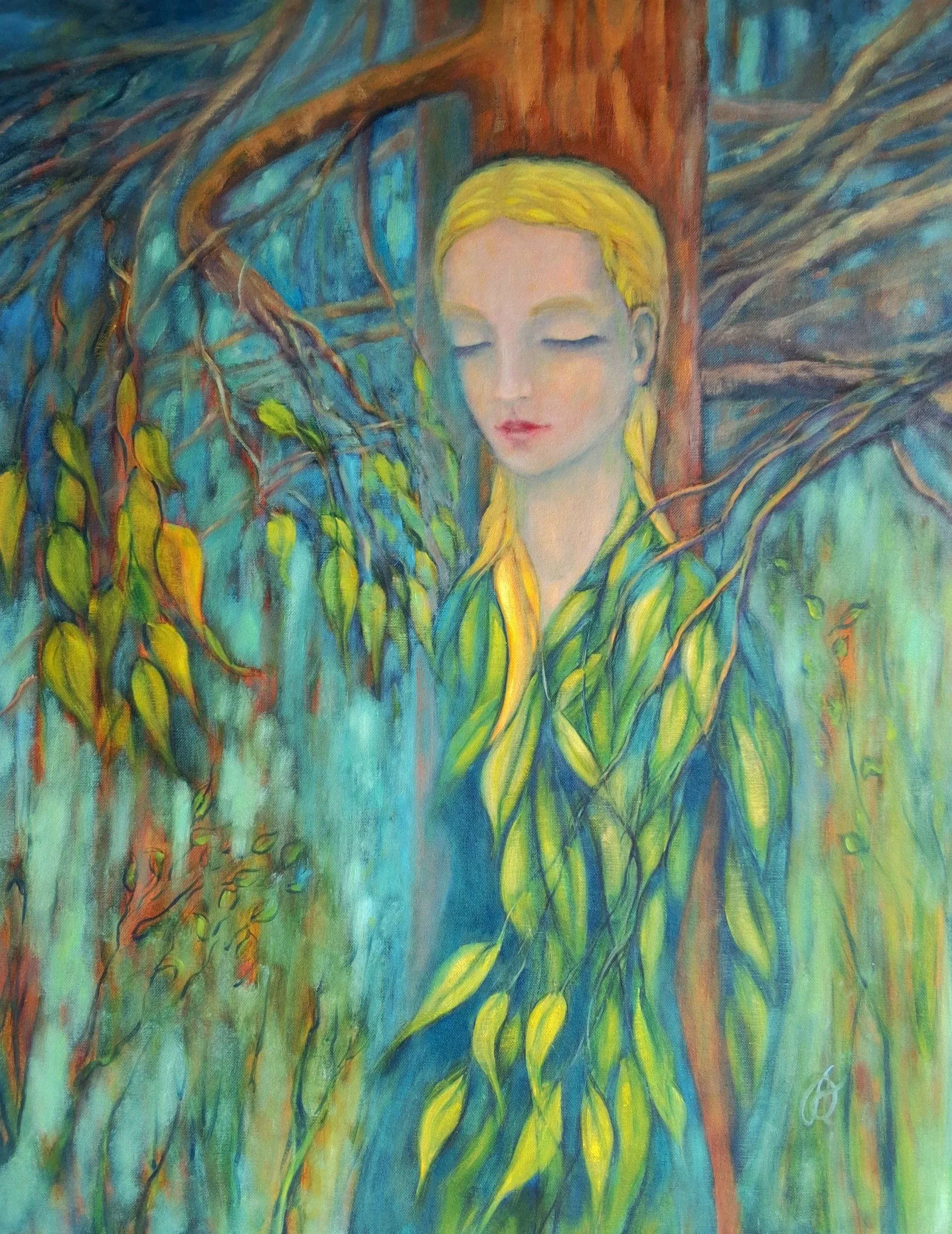 "Comunion" 61 x 75 cm (24 × 29.5"), mixed media, oil on canvas 400 €
This painting is a symbolic representation of a perfect unity of a human being and mother-nature...