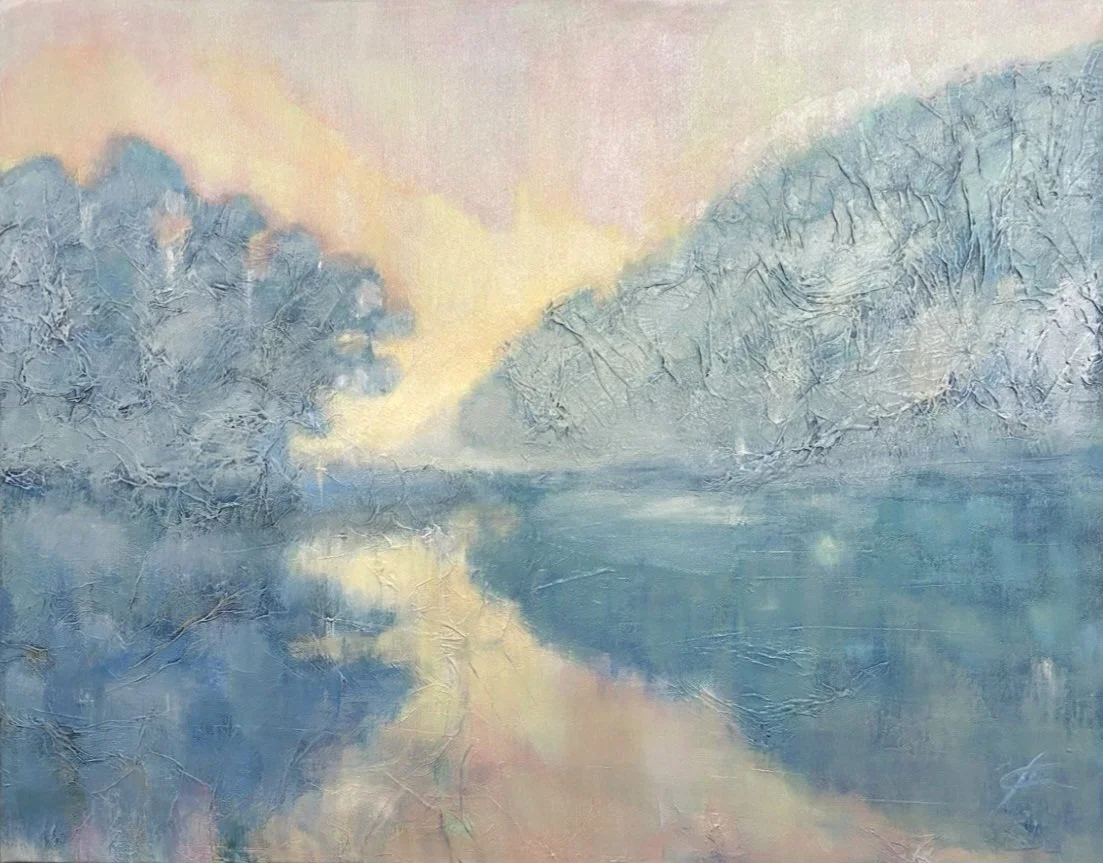 "Illusions III/Misty Lake" 68x53 cm (26×20"), mixed media, oil on canvas  800 CAD
This dreamy imagined landscape is a calming feast for the eyes and the soul...