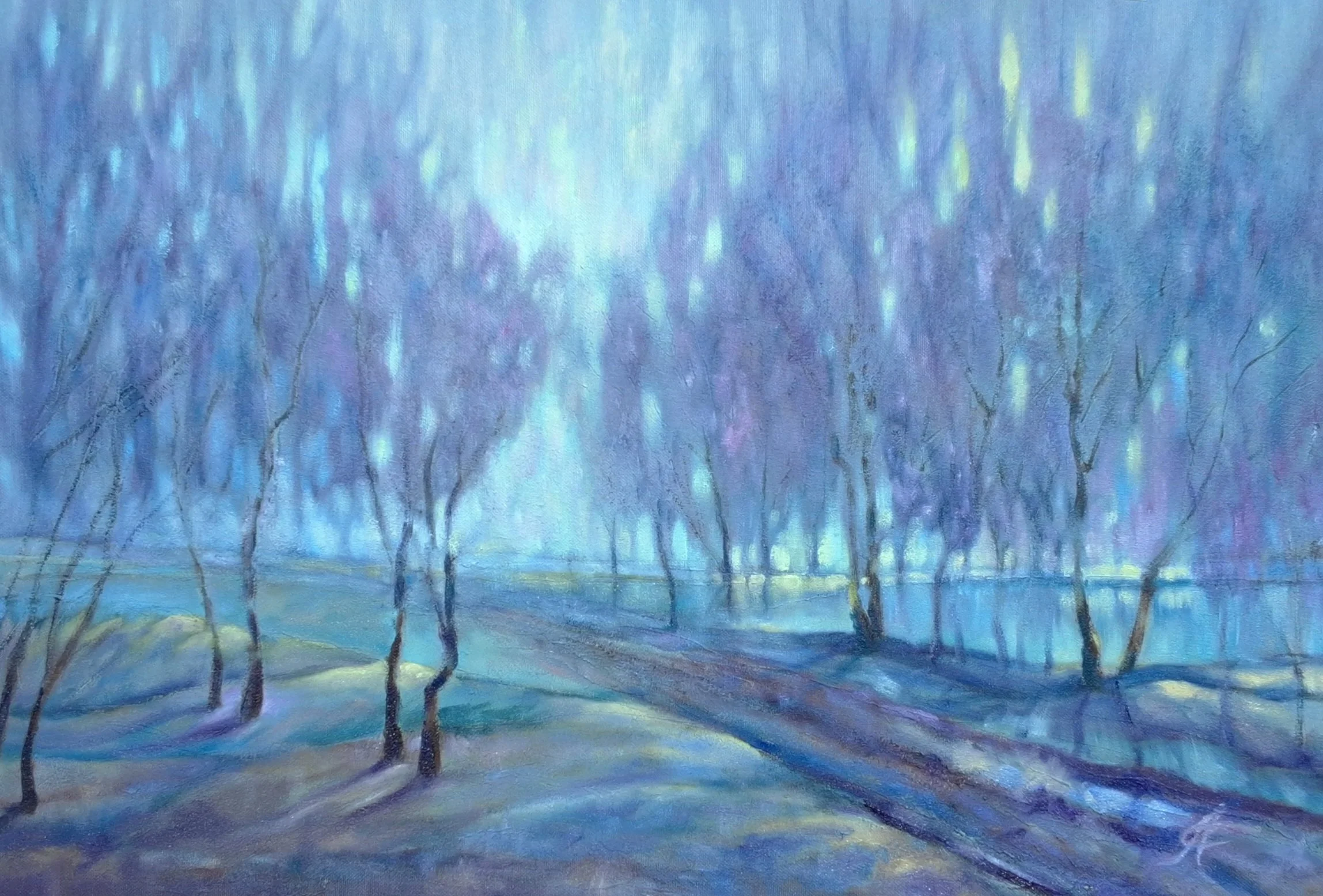 "In a gentle mood"   66 x 44 cm (17 × 26")  mixed media, oil on canvas 600 €
This landscape invites you to rest, to relax, to dream, to breate softly...