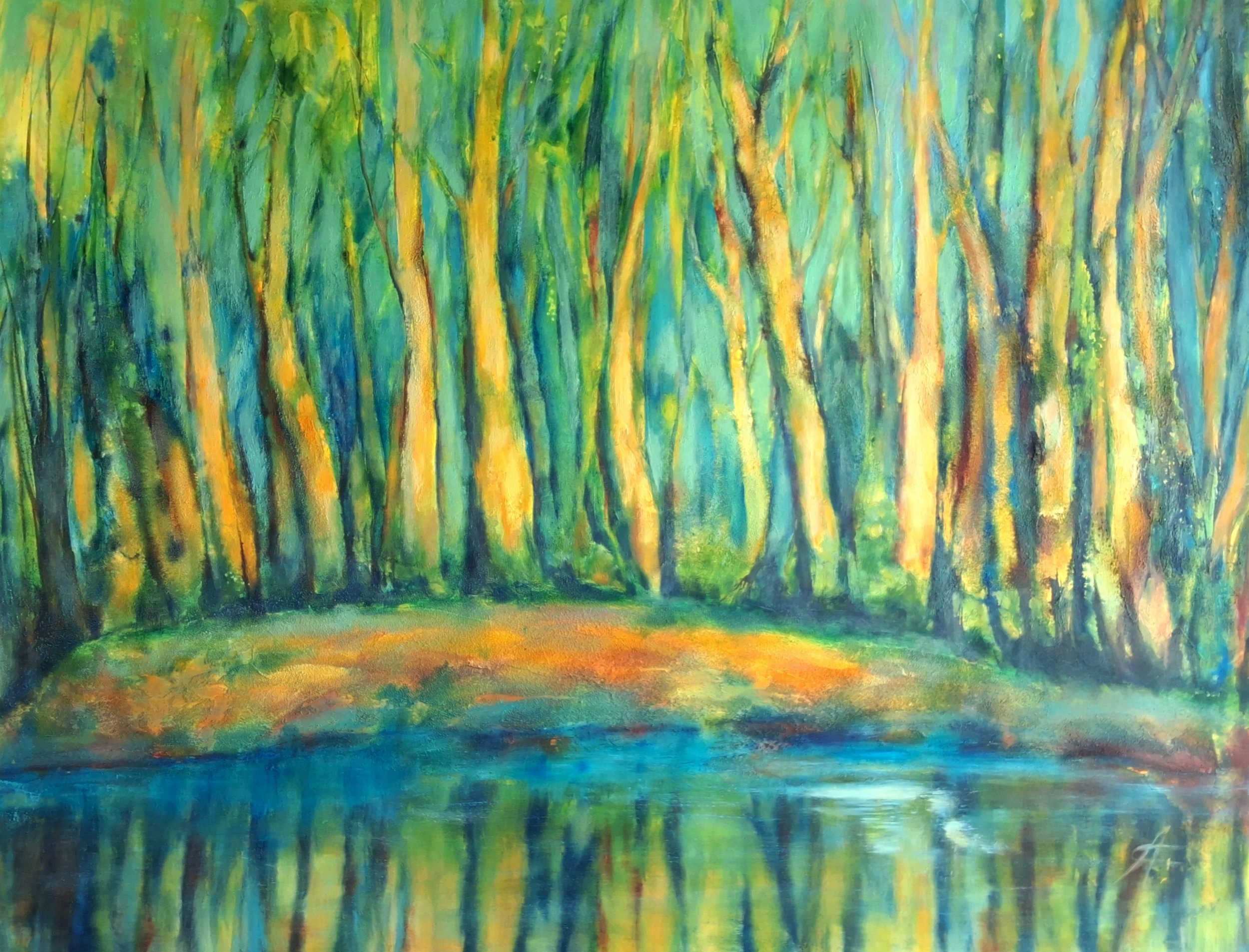 "Golden"  66 x 86 cm (26 × 34") mixed media, oil on canvas
800 €
The painting depicts a sunlit forest behind a riverbank. Golden sunshine illuminates the awakening Nature, celebrating Life, vitality, rebirth, beauty and magic of our world...