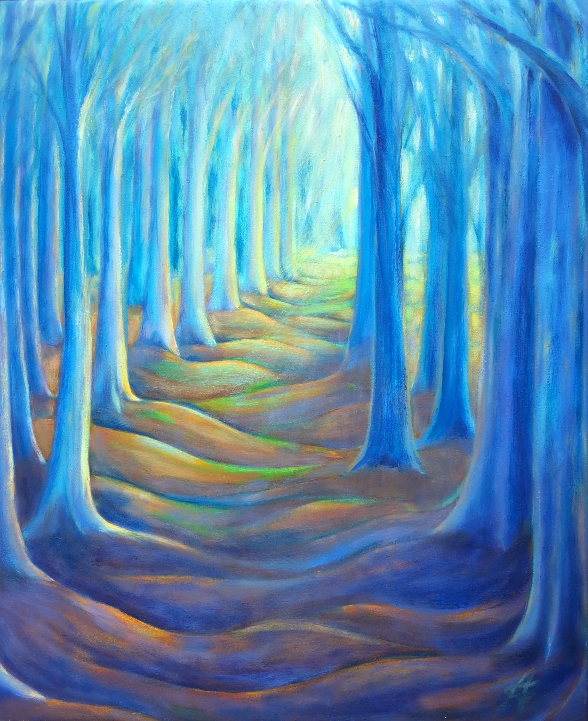 "A Path to Unknown"  oil on canvas, 47x57 cm (18.5x22.5") 600 CAD
Once in a while I paint this theme - a path leading to light, trees all around... This is an allegory of a path towards one's true self...