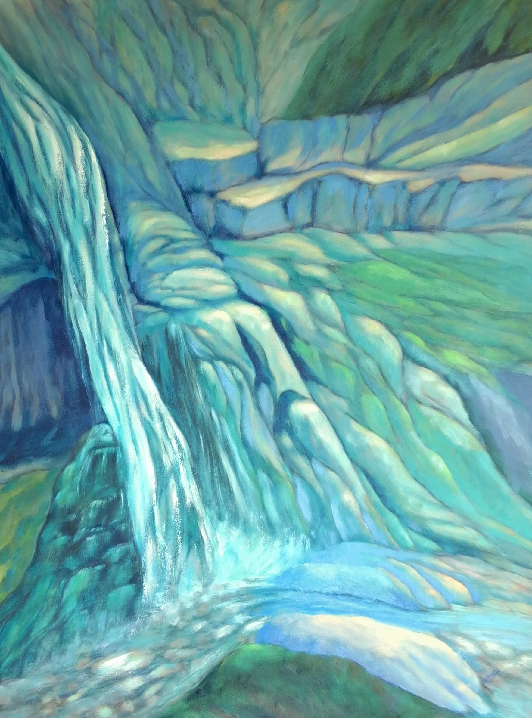 "Communion II/Rodopi mountains" 67 x 87 cm (26 × 34")  mixed media, oil on canvas  800€
This painting reflects my deep impressions from traveling in Rodopi mountains, Bulgaria. I used a photo my friend took when I was meditating and doing energy work