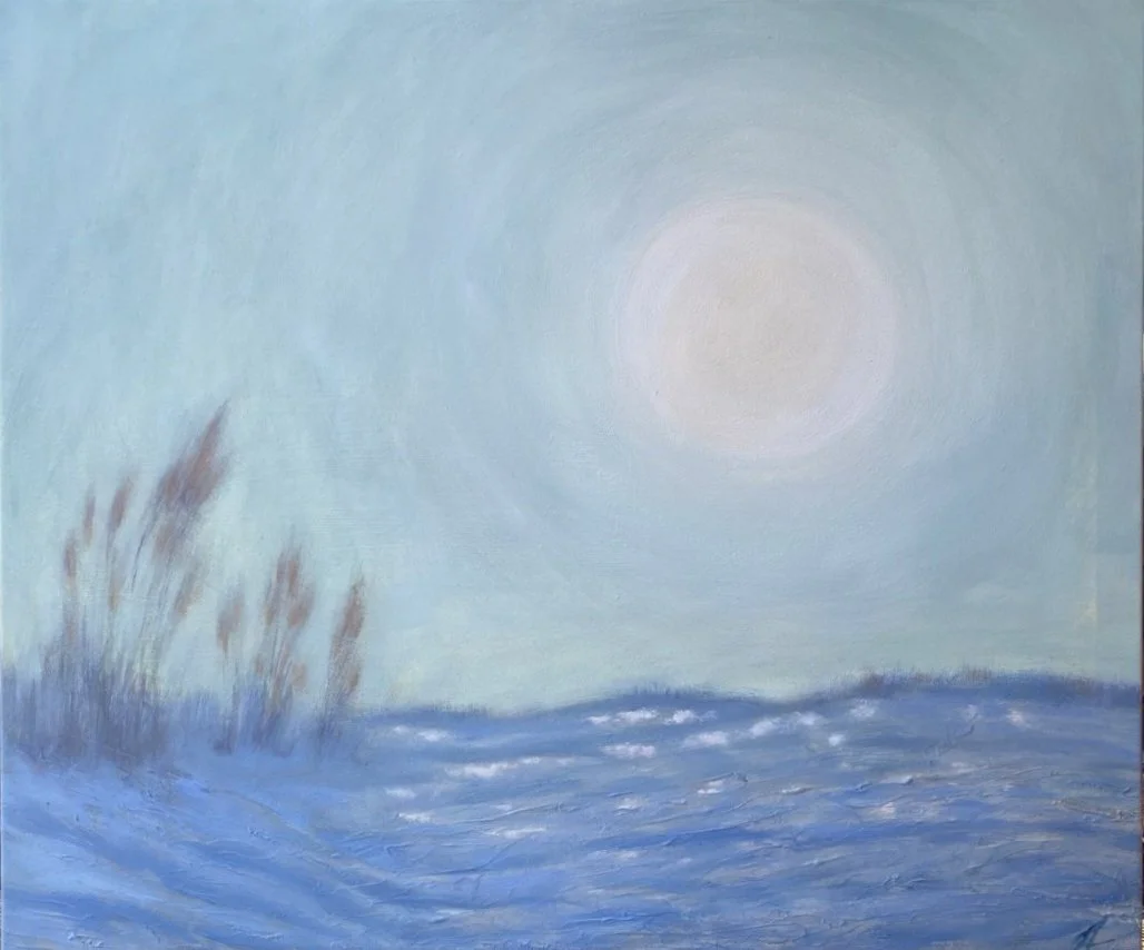 "Reflections" 67x58 cm (26×22") mixed media, oil on canvas  
900 CAD
This was inspired by my impression of a setting sun at a wild beach along the Black sea coast. Everything seemed irridescent and mystical, otherwordly...