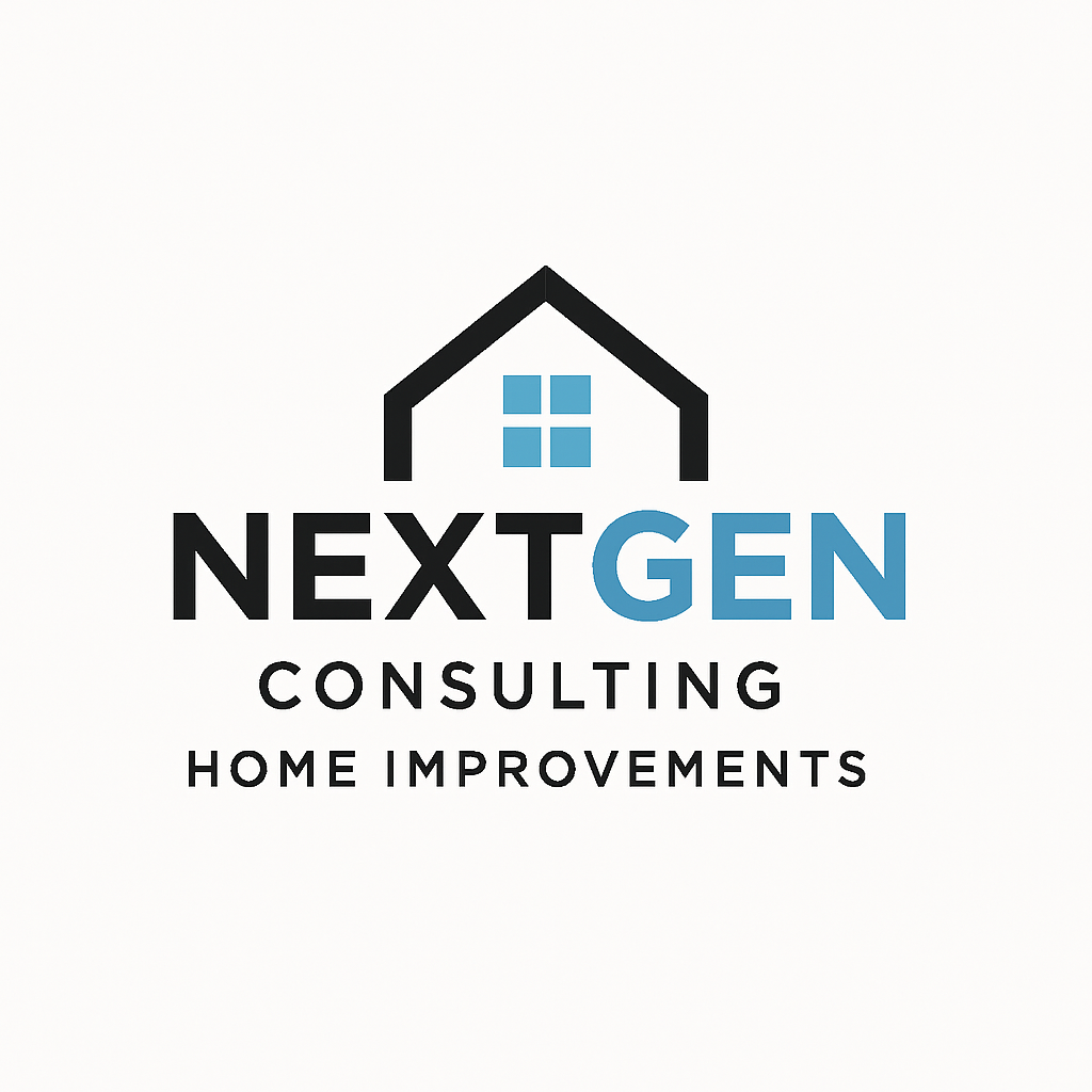 Logo for Next Gen Consulting Home Improvements featuring a house outline with a blue window above the company name.