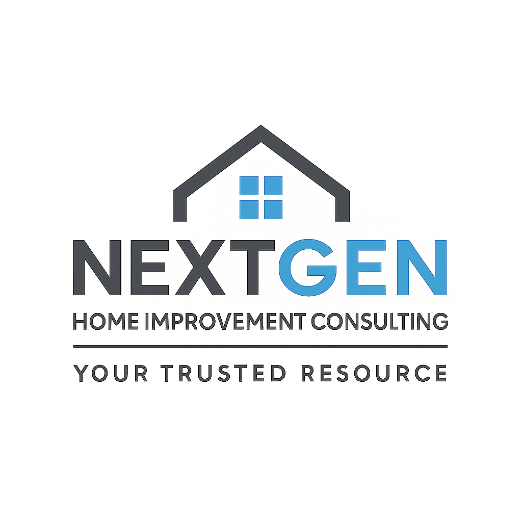Logo for NextGen Home Improvement Consulting featuring a house outline with a blue window, the words "NEXTGEN" with "GEN" in blue, and the tagline "Your Trusted Resource".