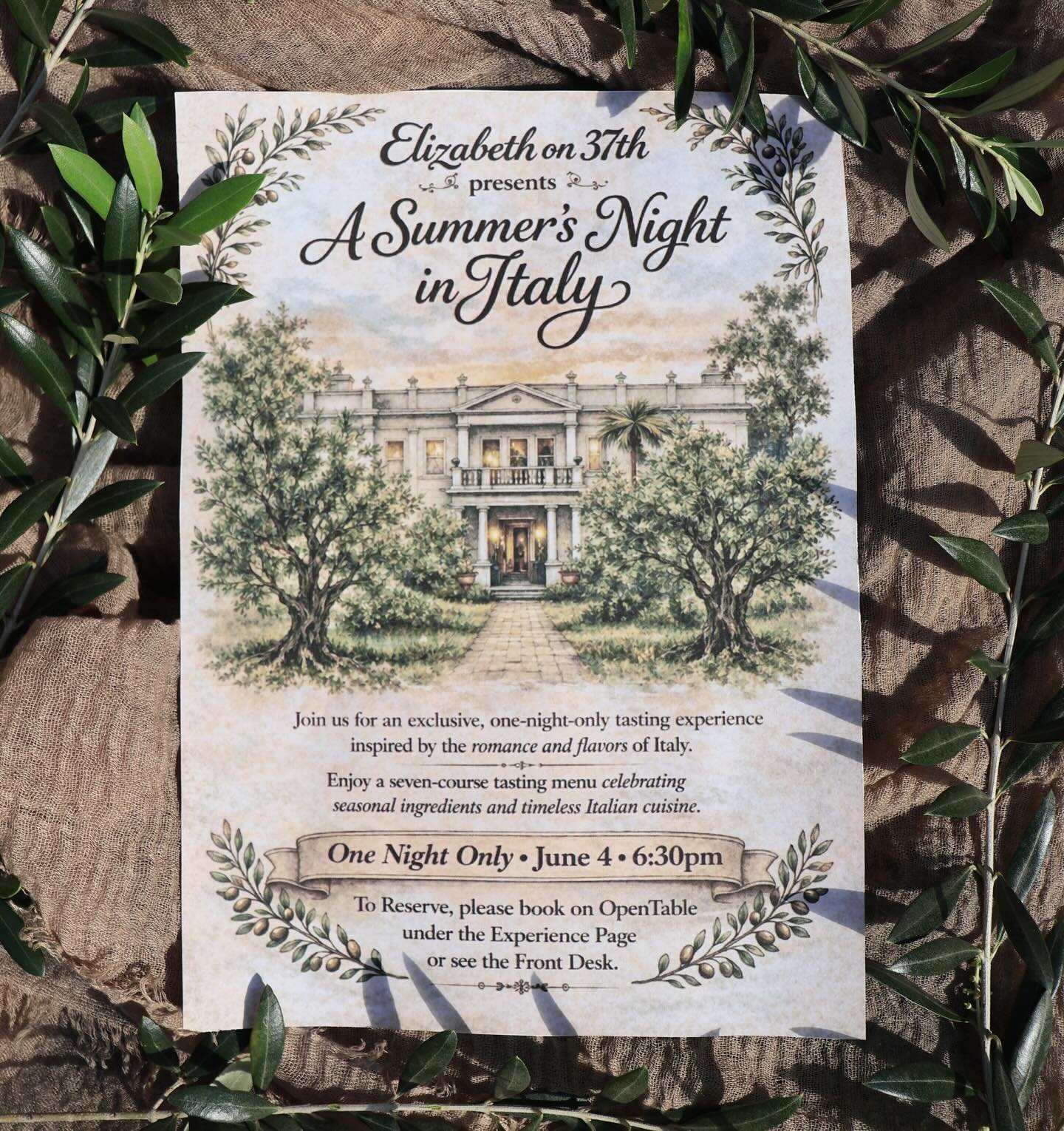 &ldquo;A summer&rsquo;s night in Italy&rdquo; this June 4th! presented by Elizabeth on 37th.

For one night only, you can enjoy a special evening of an exclusive Italian tasting menu and wine selection at Elizabeth on 37th. 

For booking please check