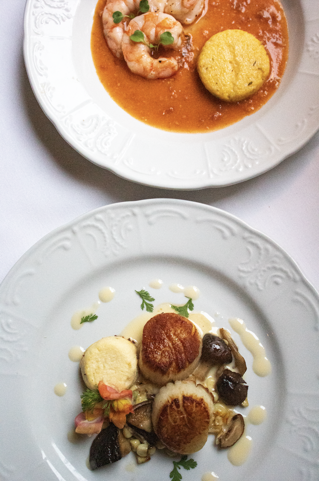 Two elegant plates of gourmet dishes on white ornate plates. The top plate contains shrimp in tomato sauce with a round piece of polenta. The bottom plate features seared scallops with vegetables, herbs, and a light sauce.