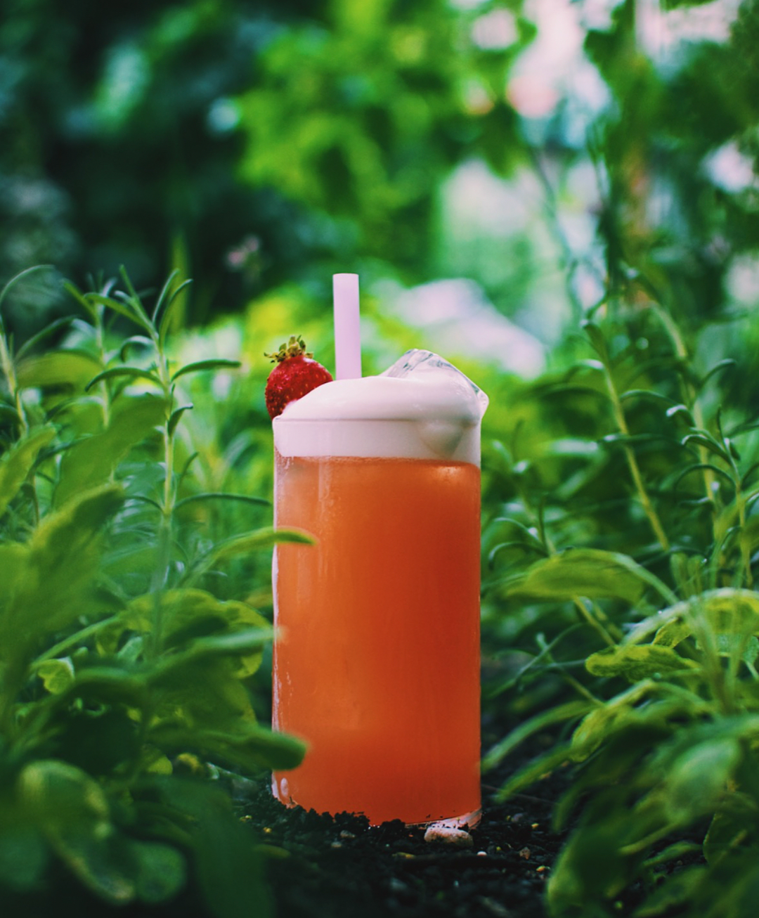 For a farm-to-table restaurant.

  Strawberry
  Birch 
  Lemon 
  Rye Whisky 
  Egg White 
  Soda
