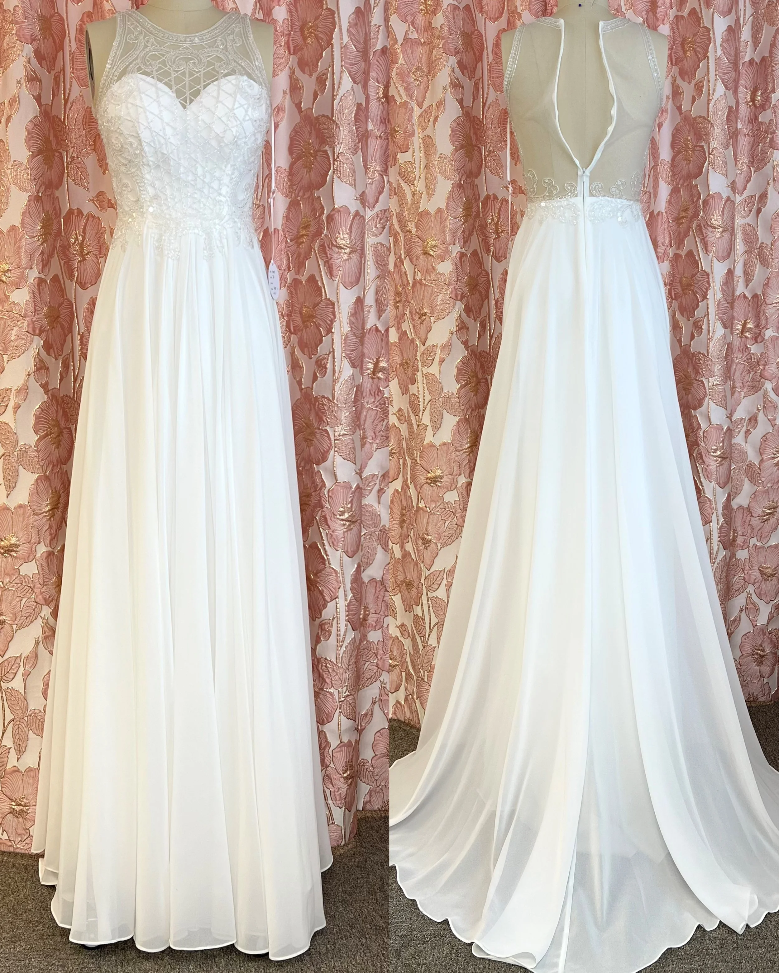 Edullinen helmikirjailtu hääpuku