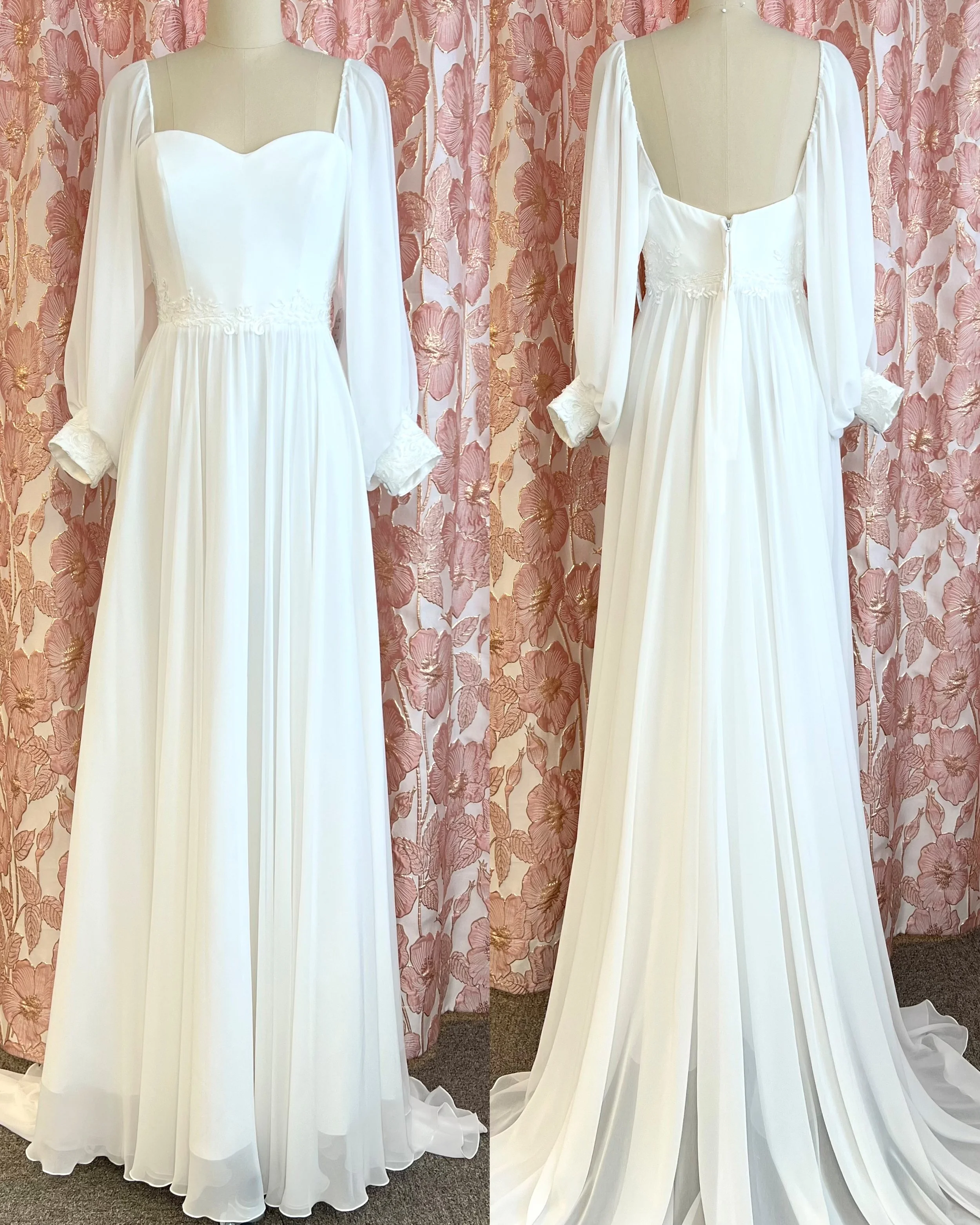 Edullinen Bianco evento hääpuku sifonkisilla hihoilla