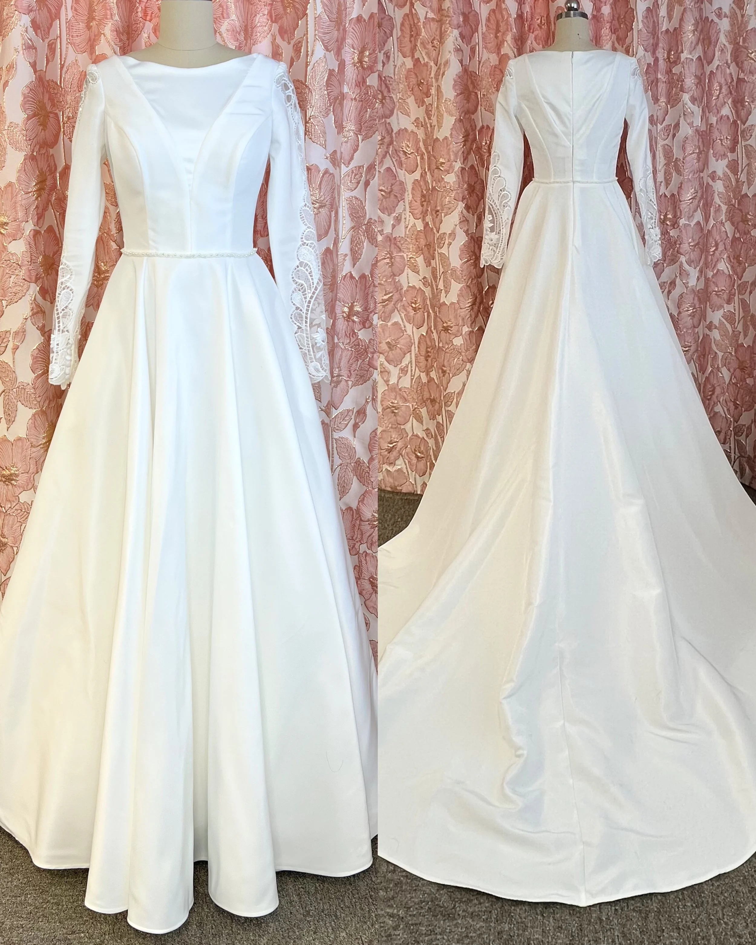 Edullinen käytetty hääpuku laahuksella