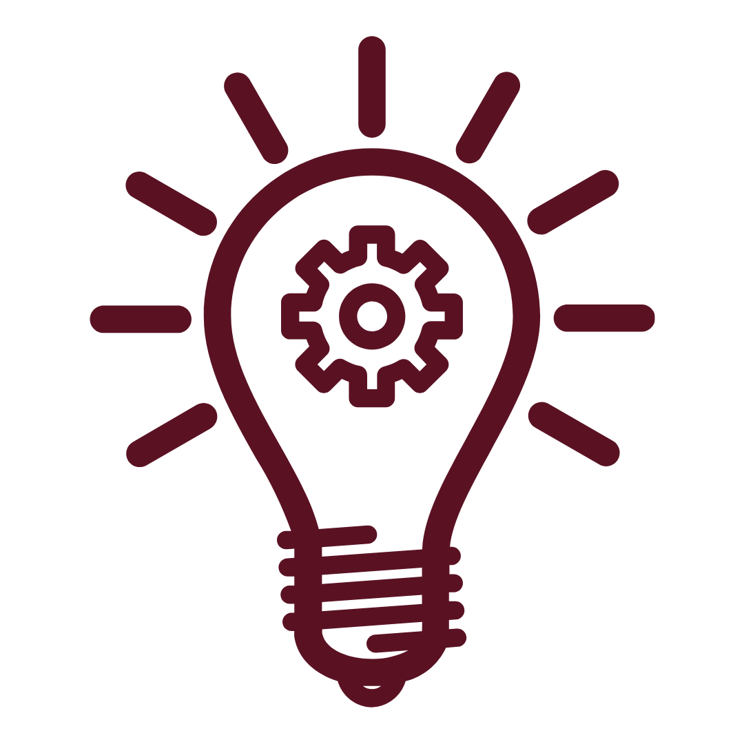 Outline of a lightbulb with a gear inside and radiating lines around it, symbolizing ideas and innovation.