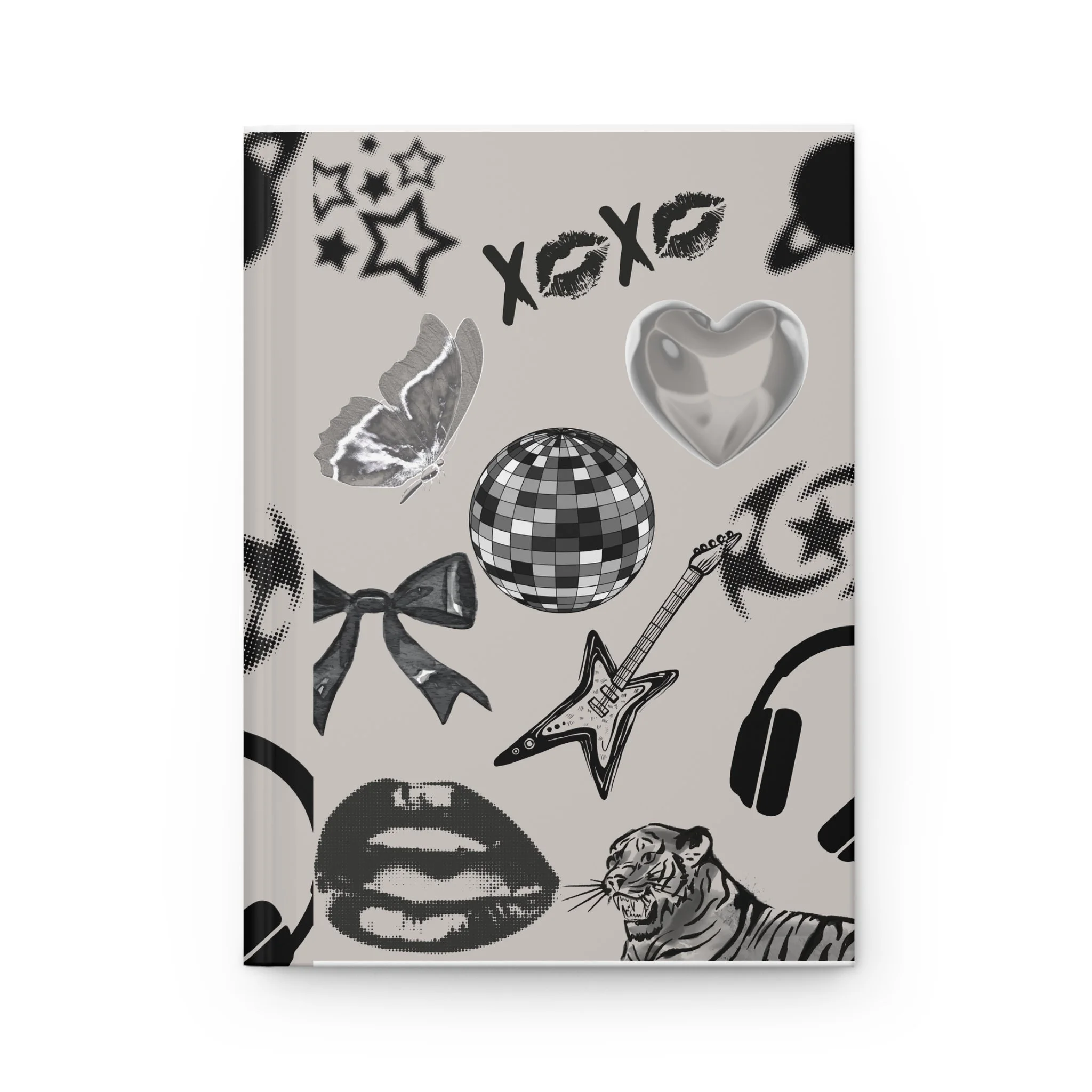 Hardcover Journal — Monochrome Pop Icons (XOXO, Disco Ball, Guitar, Tiger)