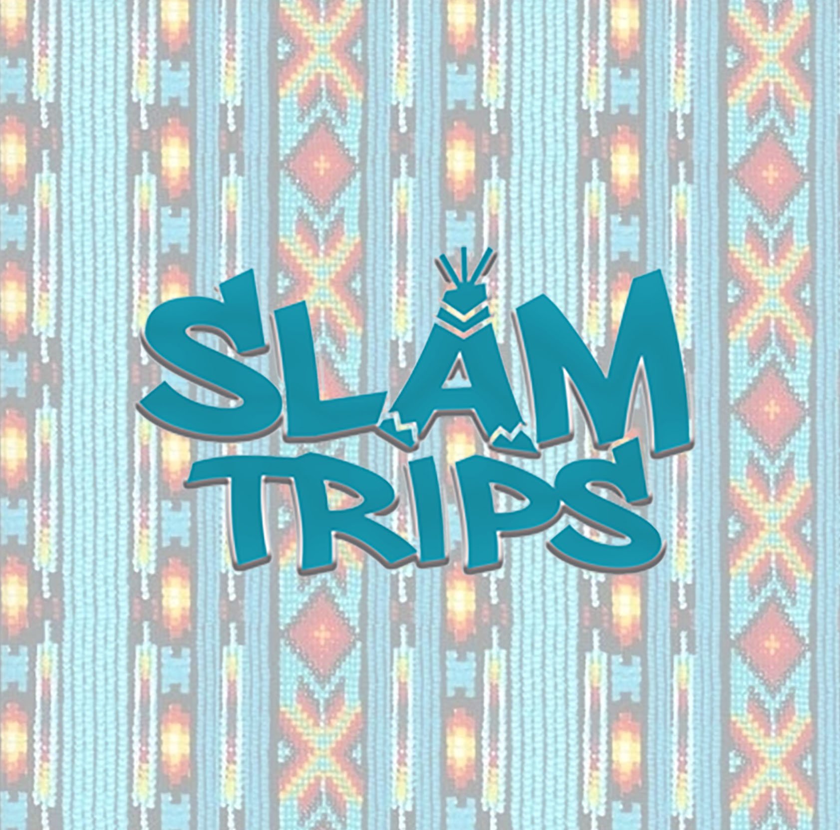 Native American beading with turquoise, red, yellow, and black beads. SLAM Trips is overlaid, with the A designed as a teepee.