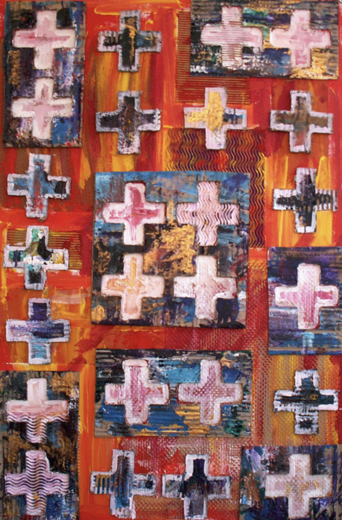 A painting by John Kohan of colorful painted crosses in a grid, against red, yellow and orange backdrop.