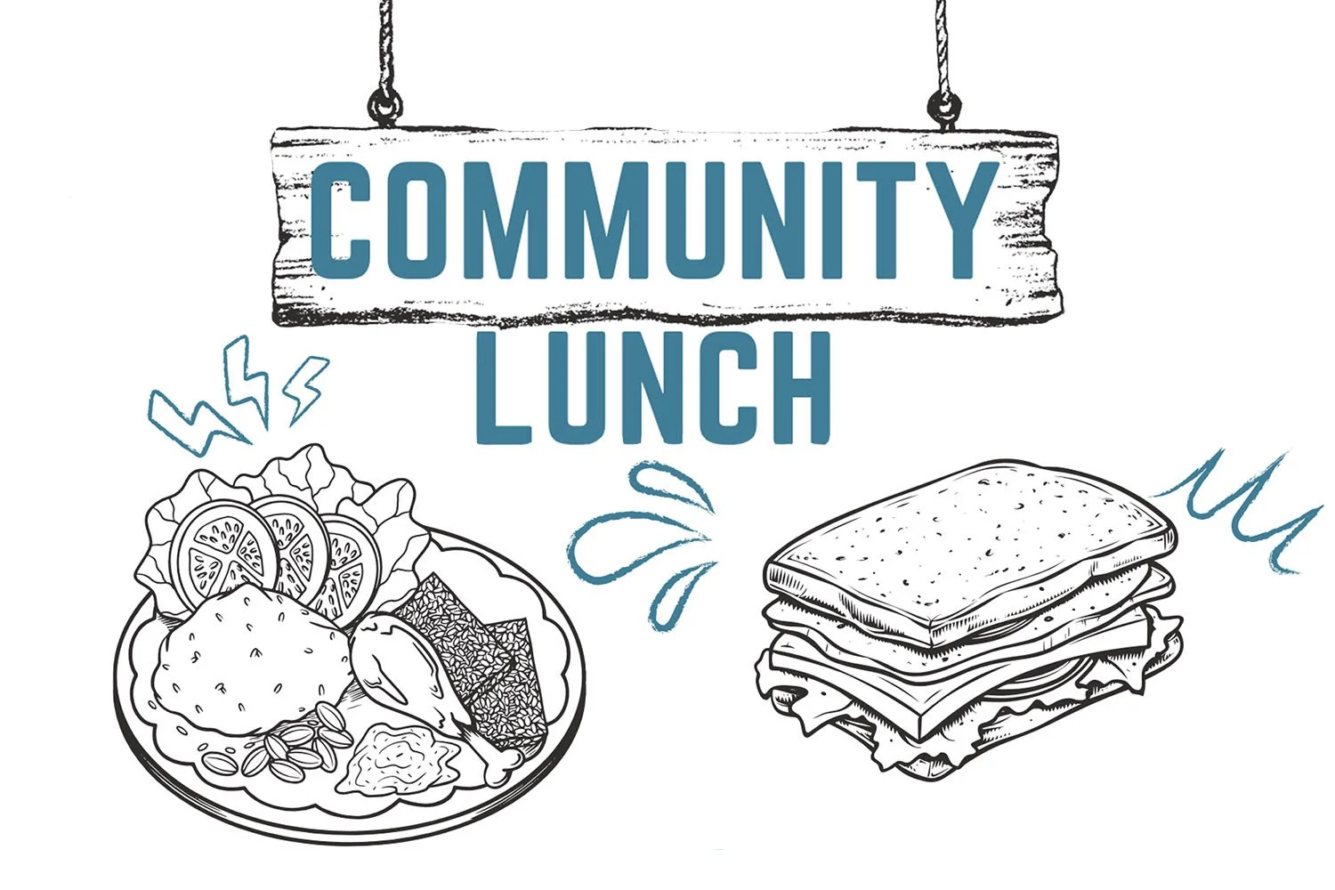Community Lunch illustration — free lunch every Monday at 12pm at Union Church Seattle, 415 Westlake Ave N