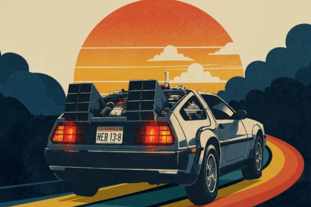 A Back-to-the-Future car drives along a colorful road towards a setting sun.