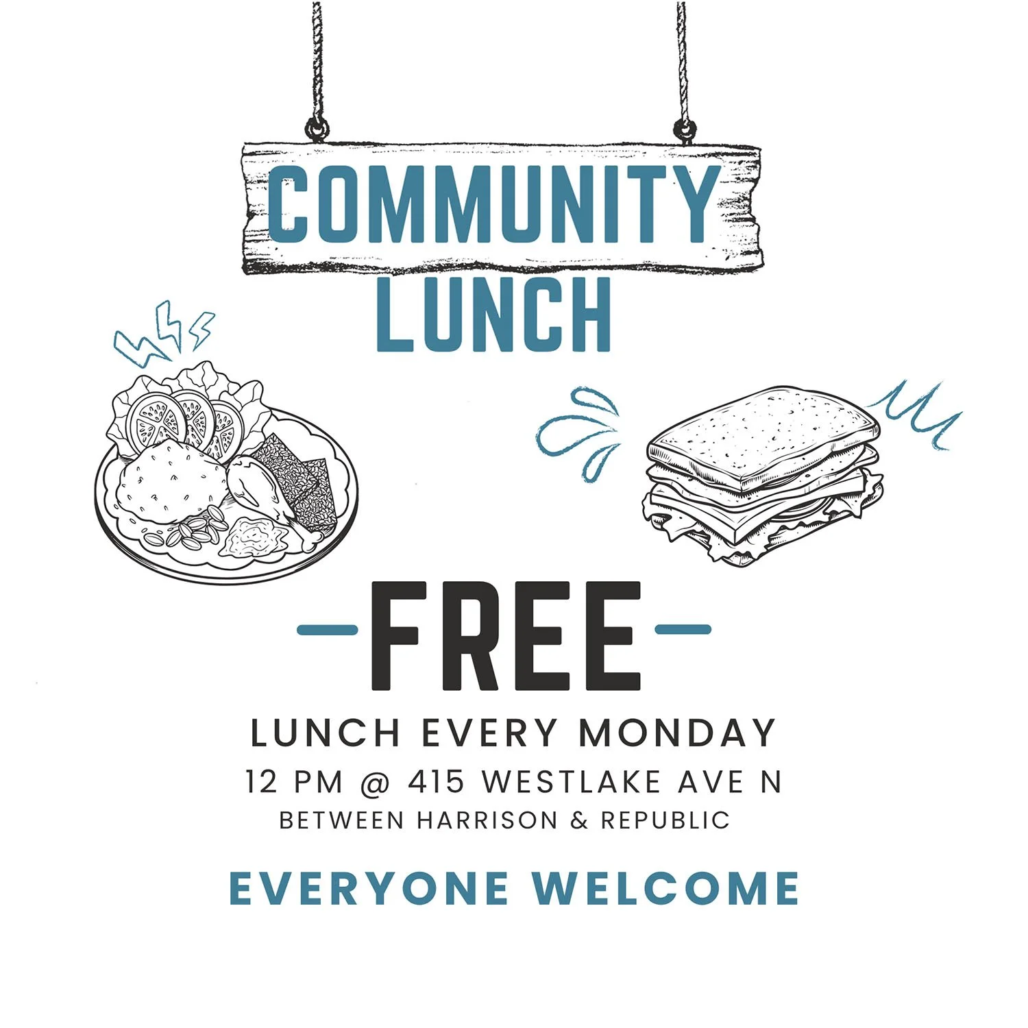 Community Lunch illustration — free lunch every Monday at 12pm at Union Church Seattle, 415 Westlake Ave N