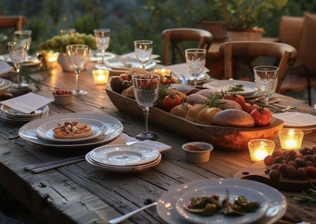 A beautiful, rustic, candle-lit table, with food beautifully displayed reveals a feast about to be eaten.