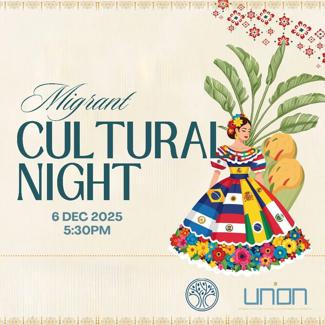 A hispanic woman wearing a floral dress with numerous flags, with a palm tree behind her. "Migrant Cultural Night, 6 December 2025"