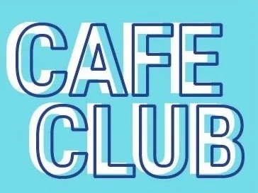 A simple graphic blue square with the words CAFE and CLUB written in offset block print. Cafe Club is a tutoring program for neighborhood children.