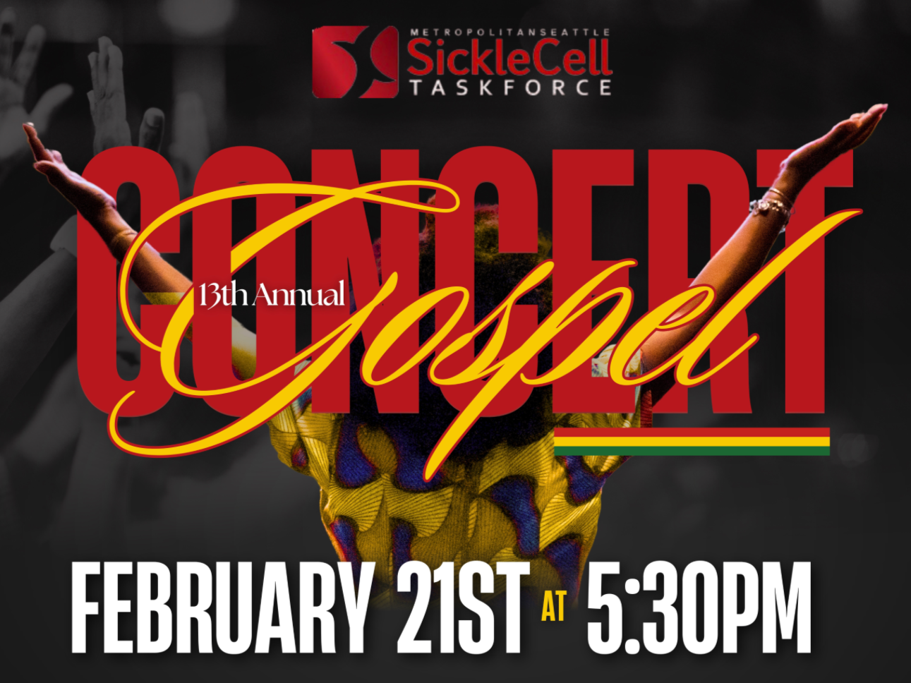 A graphic image of a black woman singing with her arms raised, 13th Annual Gospel Concert written in words over her face. February 21st @ 5:30PM