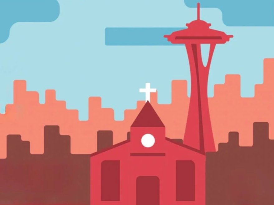Illustration of a church at the base of the Seattle Space Needle. Promoting a training to stand with our Immigrant Neighbors