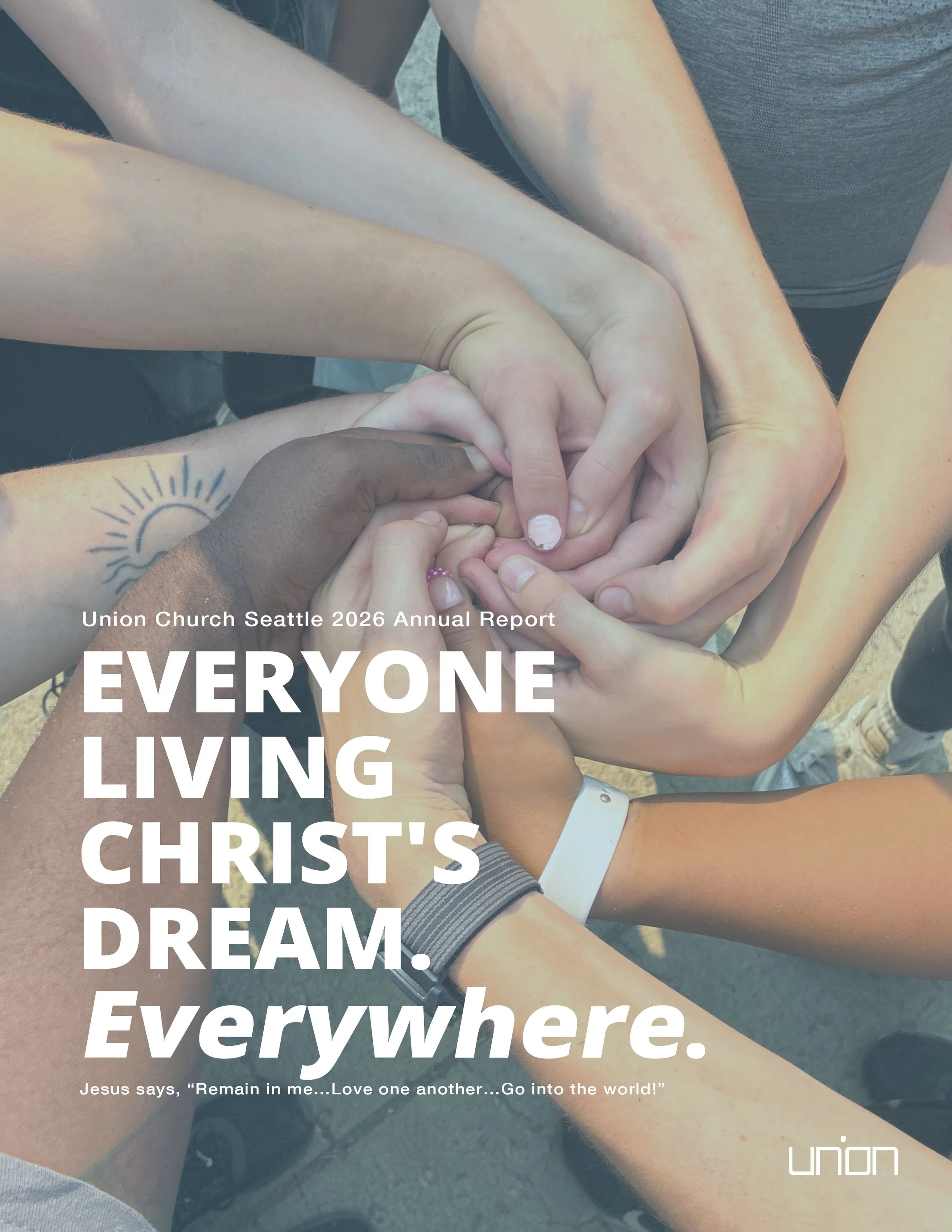 The Union Church annual report cover with 8 hands swirled together.