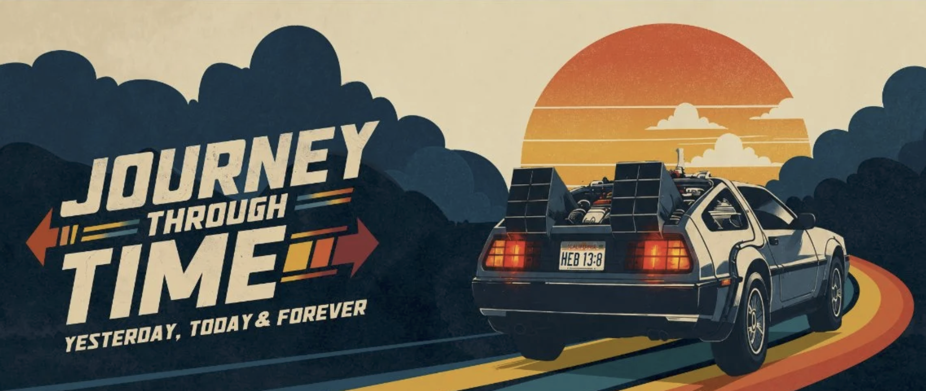 The Back to the Future car drives on a colorful road towards a setting sun.