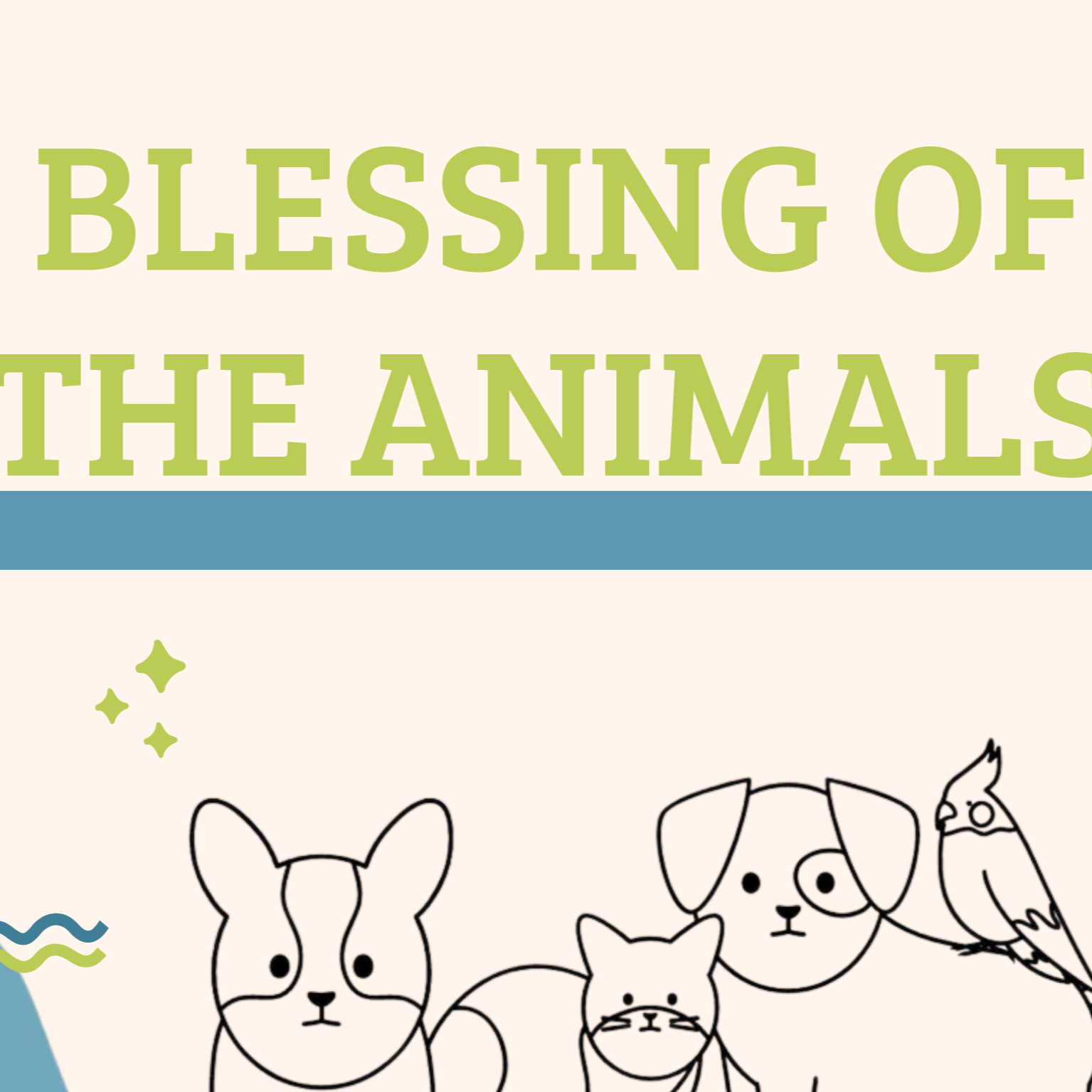 Illustration for the 'Blessing of the Animals', service at Union Church in South Lake Union, Seattle featuring drawings of a dog, a cat, a bird, and a rabbit.