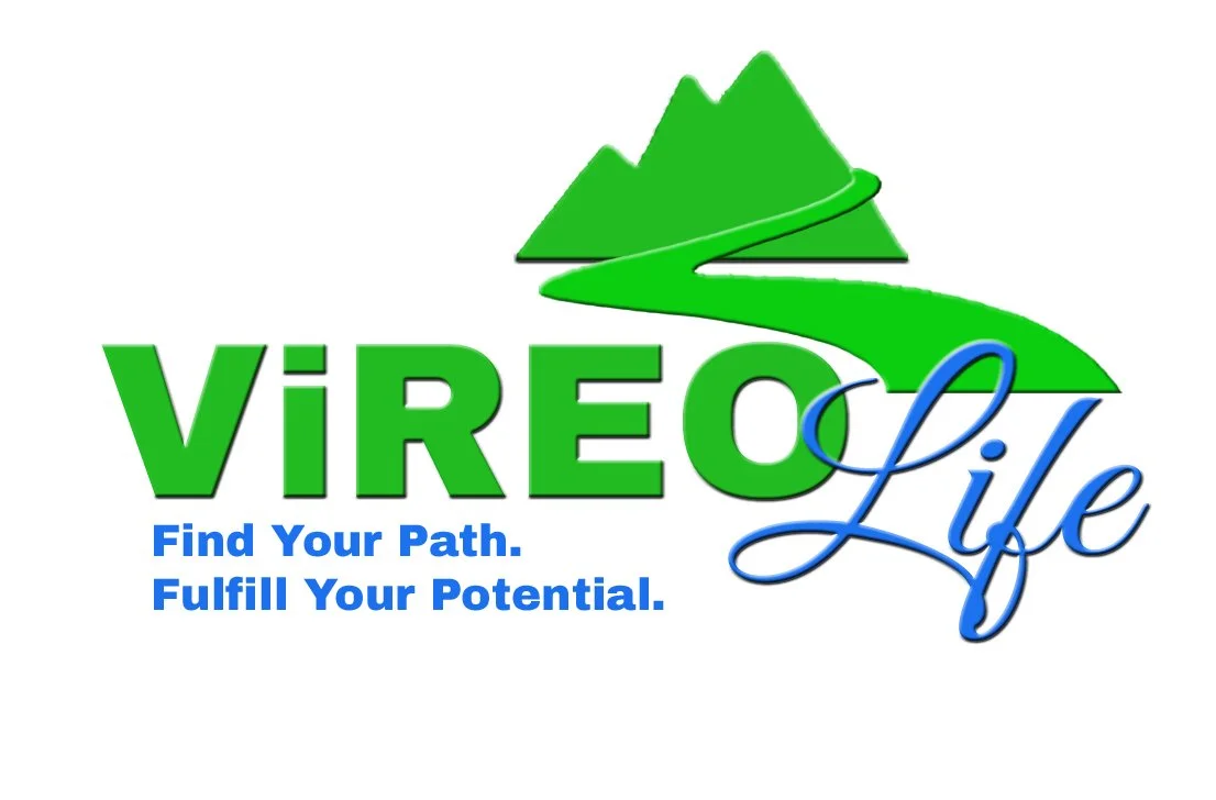 Vireo Life logo with green mountains, a winding path, and the words 'Vireo Life' and the phrases 'Find Your Path. Fulfill Your Potential.'