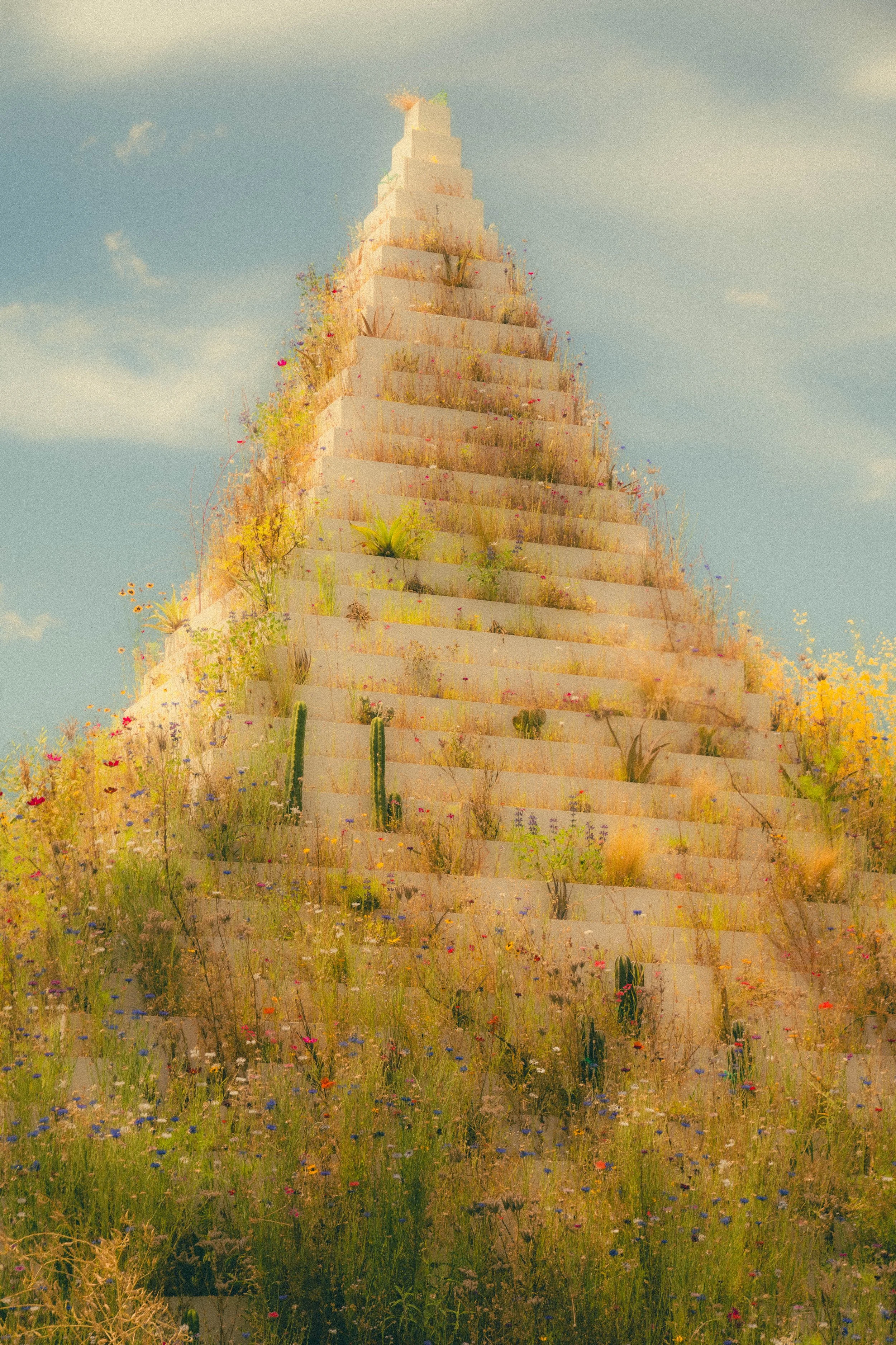 A tall stone staircase with plants and cacti growing in between each step, leading up into a cloudy blue sky, surrounded by wildflowers and desert vegetation.