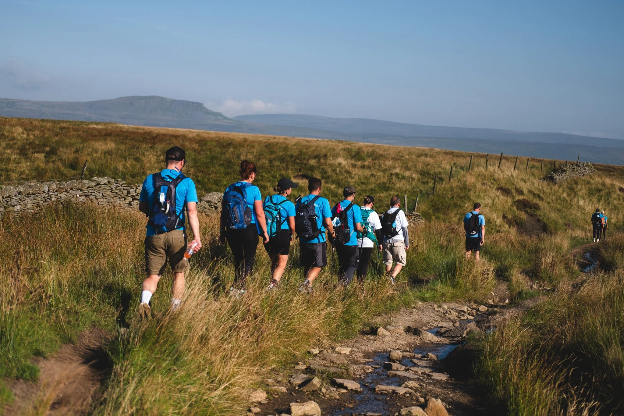 Group of hikers walking along a rocky trail through grassy landscape with hills in the background.