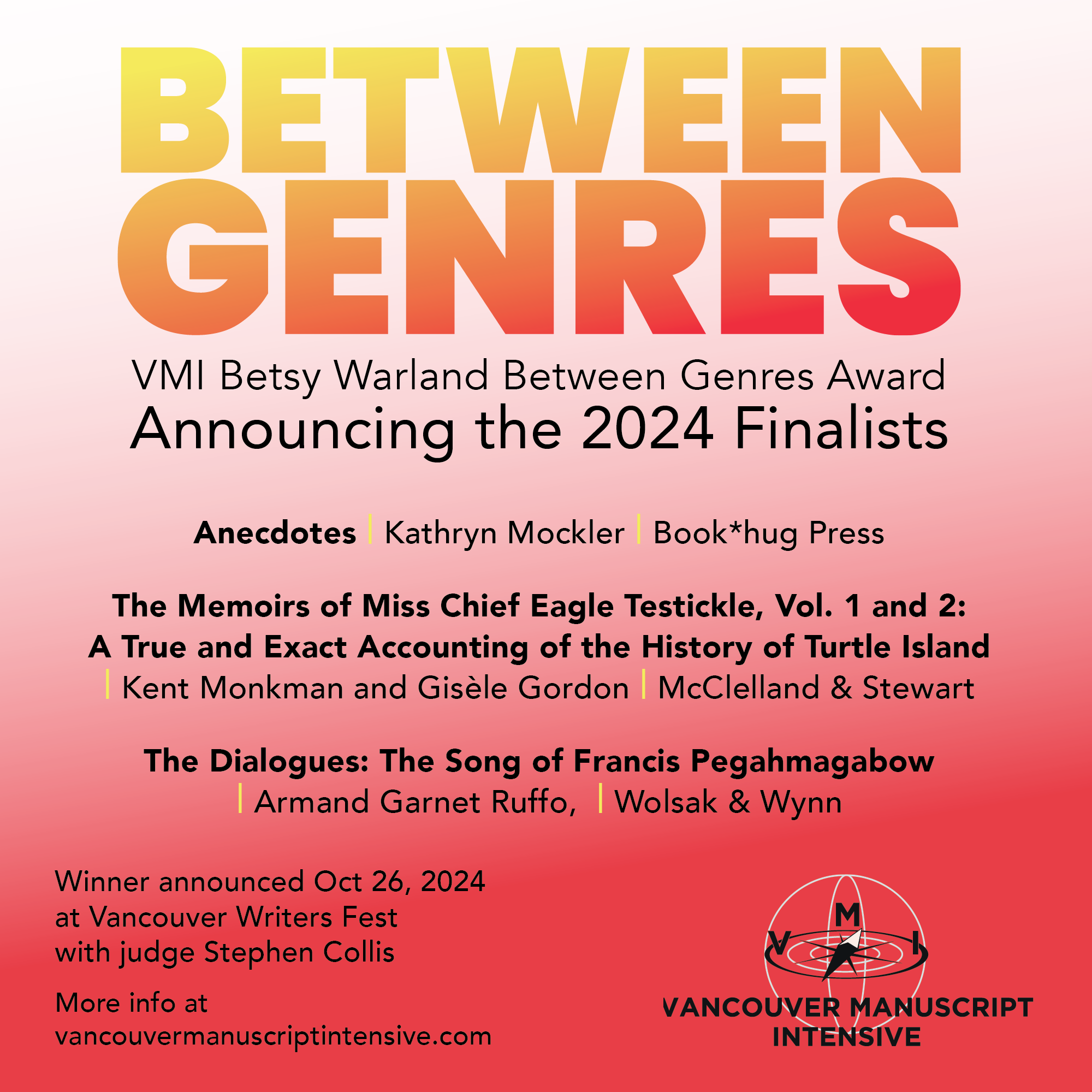 Armand Garnet Ruffo is a Finalist for the VMI Betsy Warland Between Genres Award