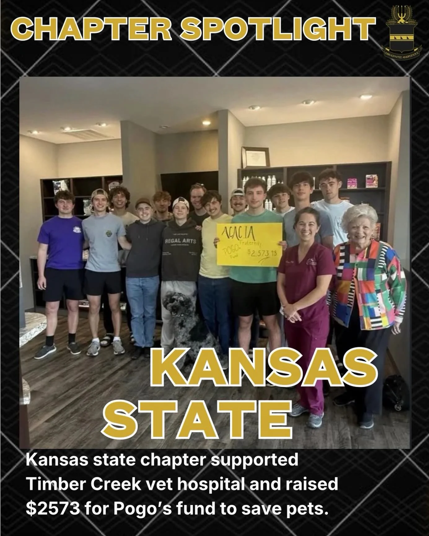 Chapter Spotlight: Kansas State 

The brothers at Kansas State stopped by Timber Creek Veterinary Hospital and raised over $2,500 for Pogo&rsquo;s Fund to help save pets in need. Proud to see brothers making a positive impact in their community, one 