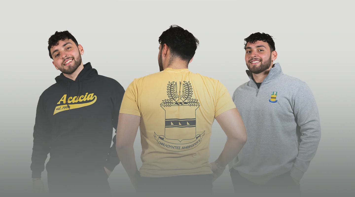 Acacia Fraternity members modeling branded hoodies, T-shirts, and quarter-zip pullovers from the official Acacia merchandise collection.