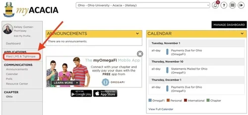 Screenshot of the Ohio State University Acacia student portal homepage showing navigation menus for Announcements, Calendar, Applications, Communications, and Chapters. A red arrow points to the 'Plaid LIPS & Tights' link in the Applications section. The page features a banner with three students and links to the myOmegaFi app downloads.