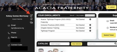 Screenshot of the Acacia Fraternity online portal showing enrollment status, catalog, and contact information.