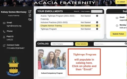 Screenshot of an online enrollment portal for Acacia Fraternity, showing sections for enrollments, catalog, and a notification about a Tightrope Program, with a group of smiling individuals in a photo.