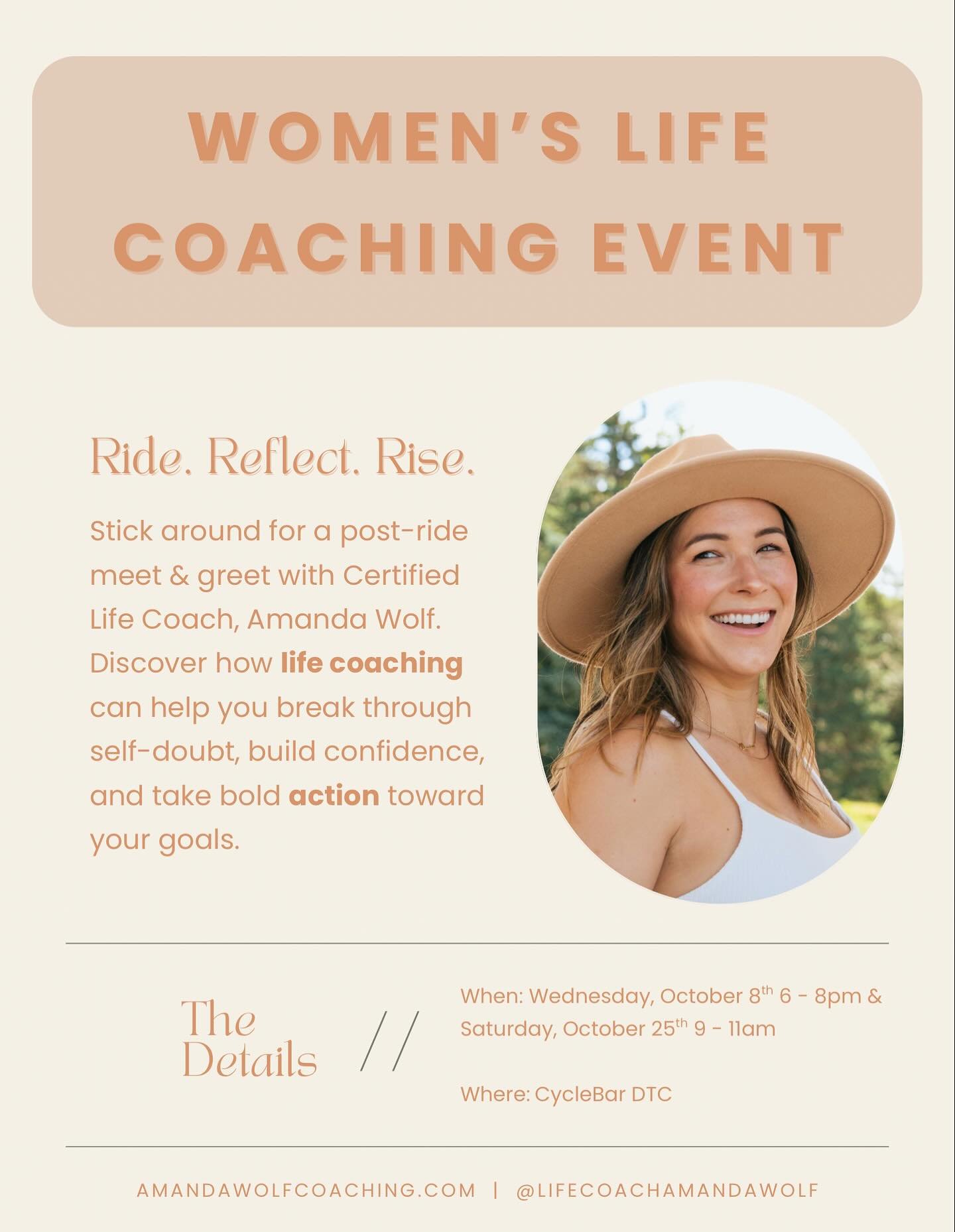 I&rsquo;m so excited to partner with @cyclebar_dtc to bring you two special Women&rsquo;s Life Coaching Events! After your ride, stick around for a meet &amp; greet with me and learn how coaching can help you:

✨ Gain clarity on what you really want 