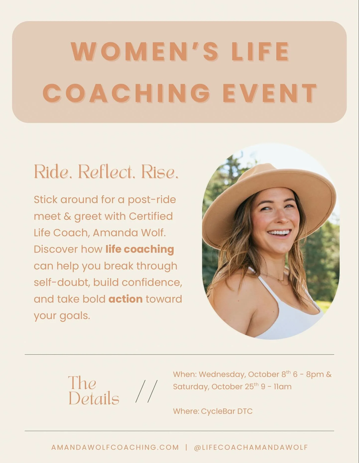 I&rsquo;m so excited to partner with @cyclebar_dtc to bring you two special Women&rsquo;s Life Coaching Events! After your ride, stick around for a meet &amp; greet with me and learn how coaching can help you:

✨ Gain clarity on what you really want 