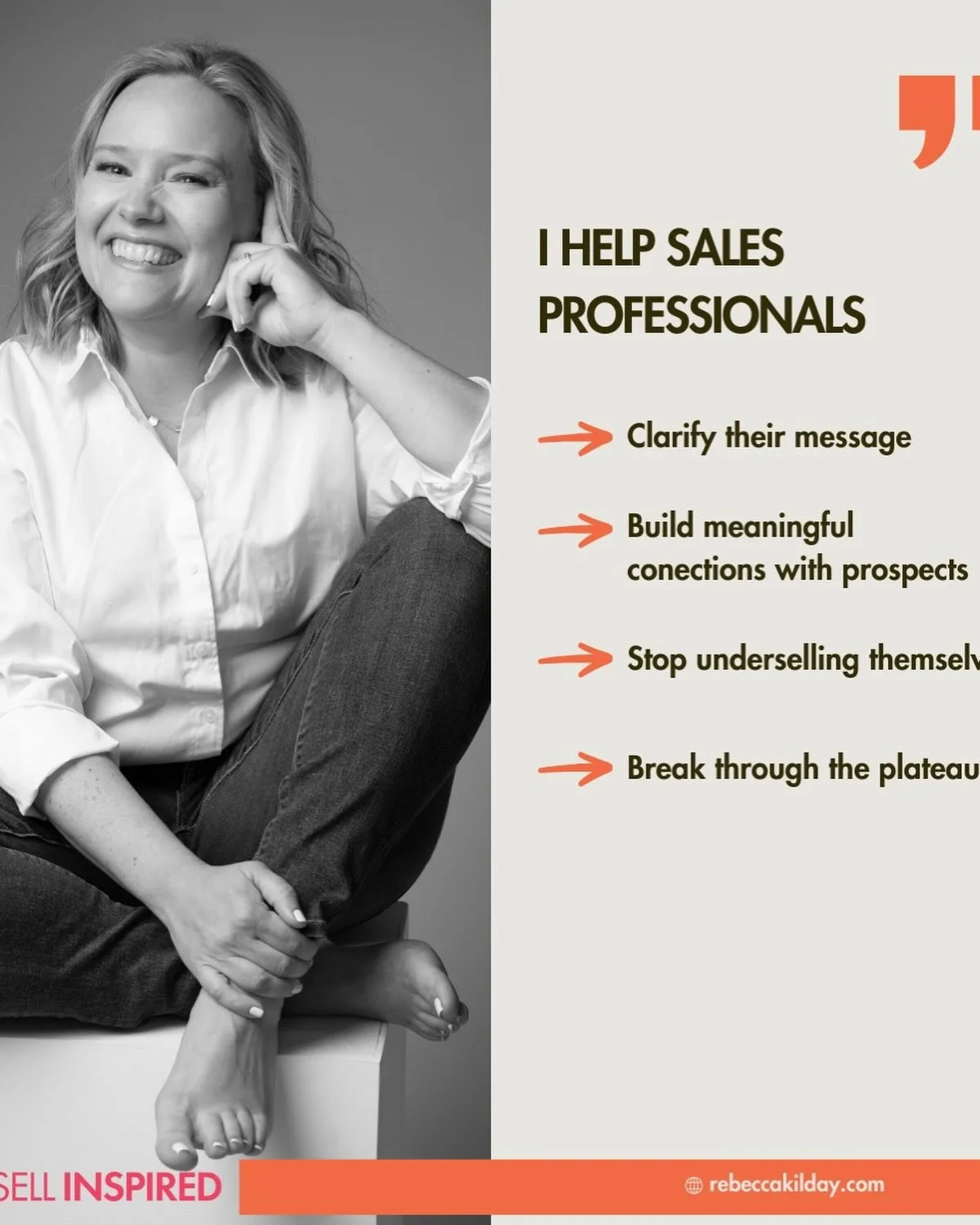 Hi, I&rsquo;m Rebecca. I run trainings and workshops for teams who want a modern, relational approach to sales. If your organization is investing in sales development and training this year, I&rsquo;d love to connect.